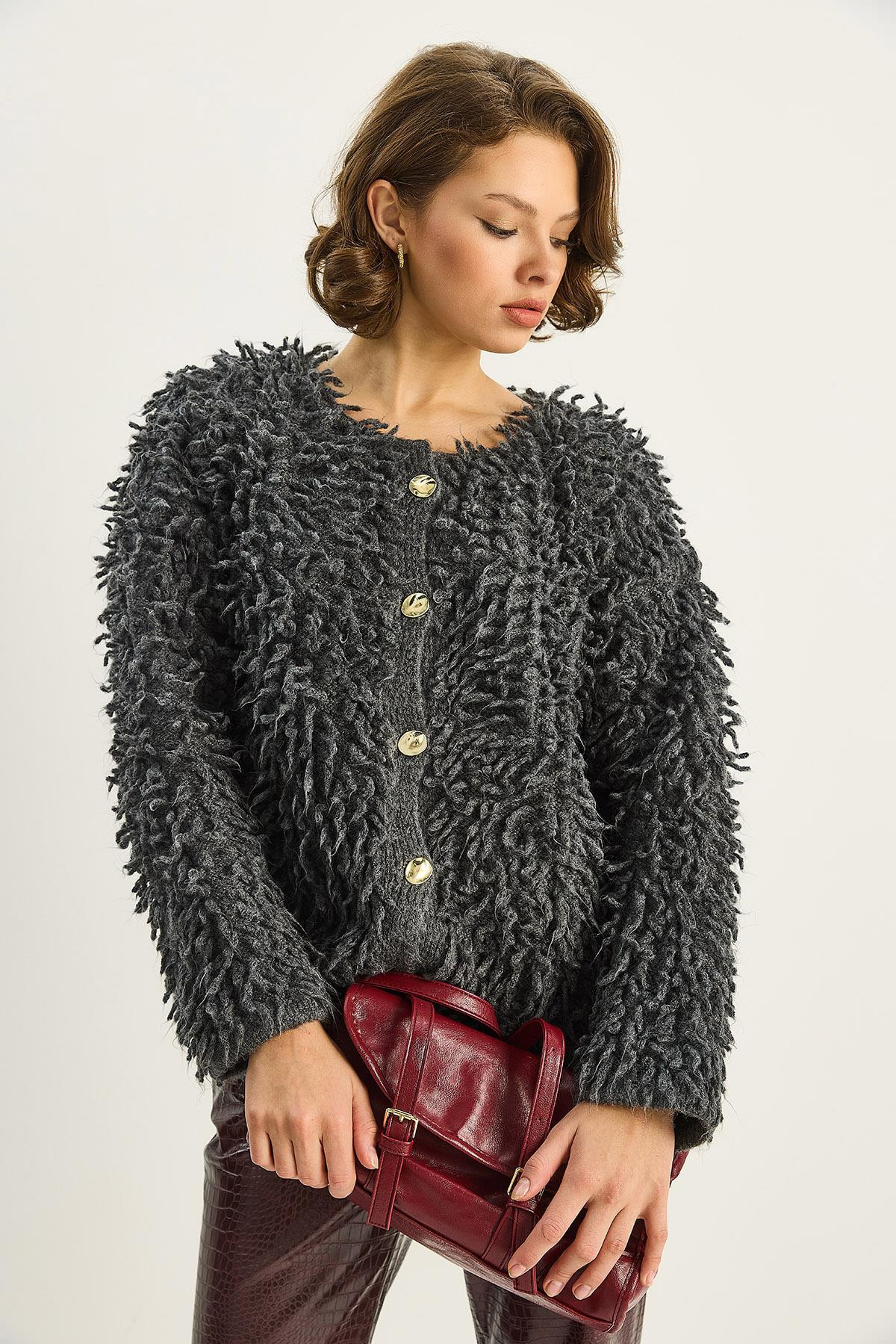 Kadın Oversize Saçaklı Triko Hırka 9062 60283750 - Antrasit HIRKA modelleri