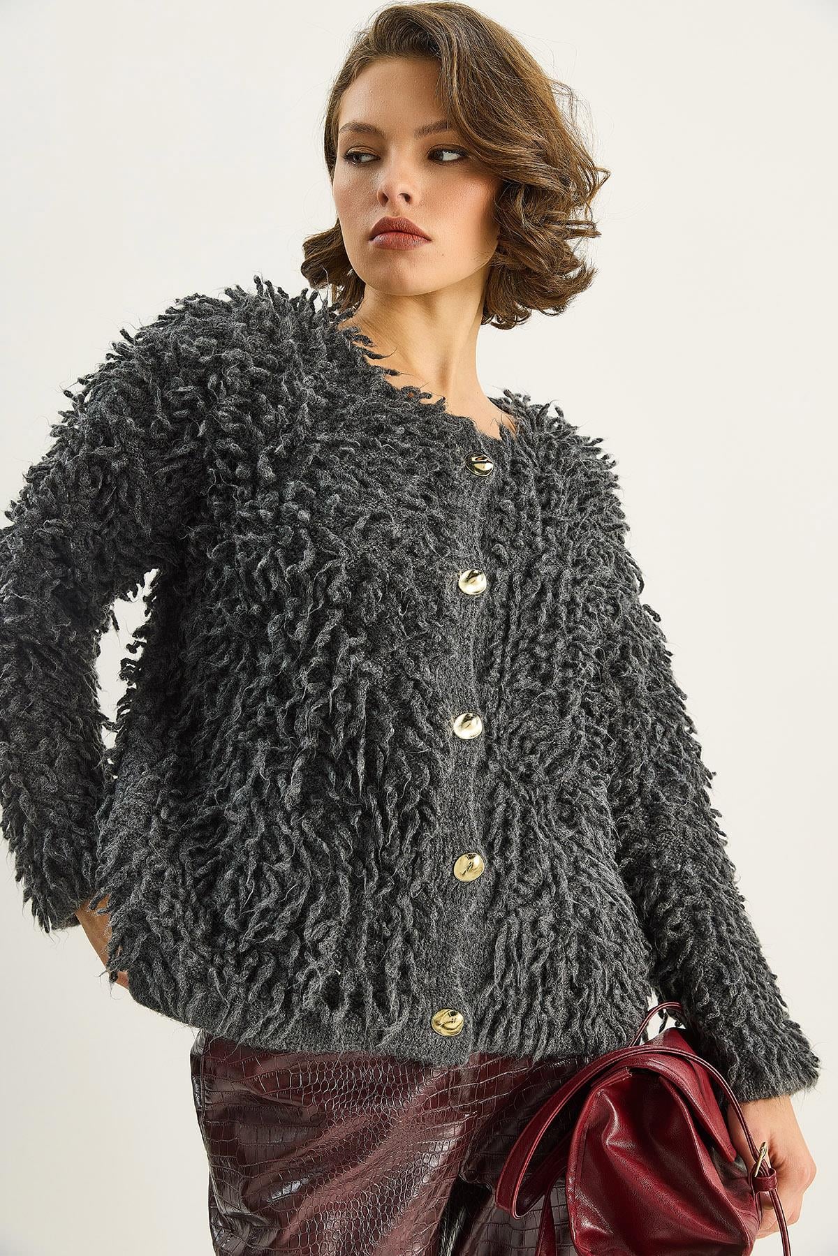 Kadın Oversize Saçaklı Triko Hırka 9062 60283750 - Antrasit HIRKA modelleri