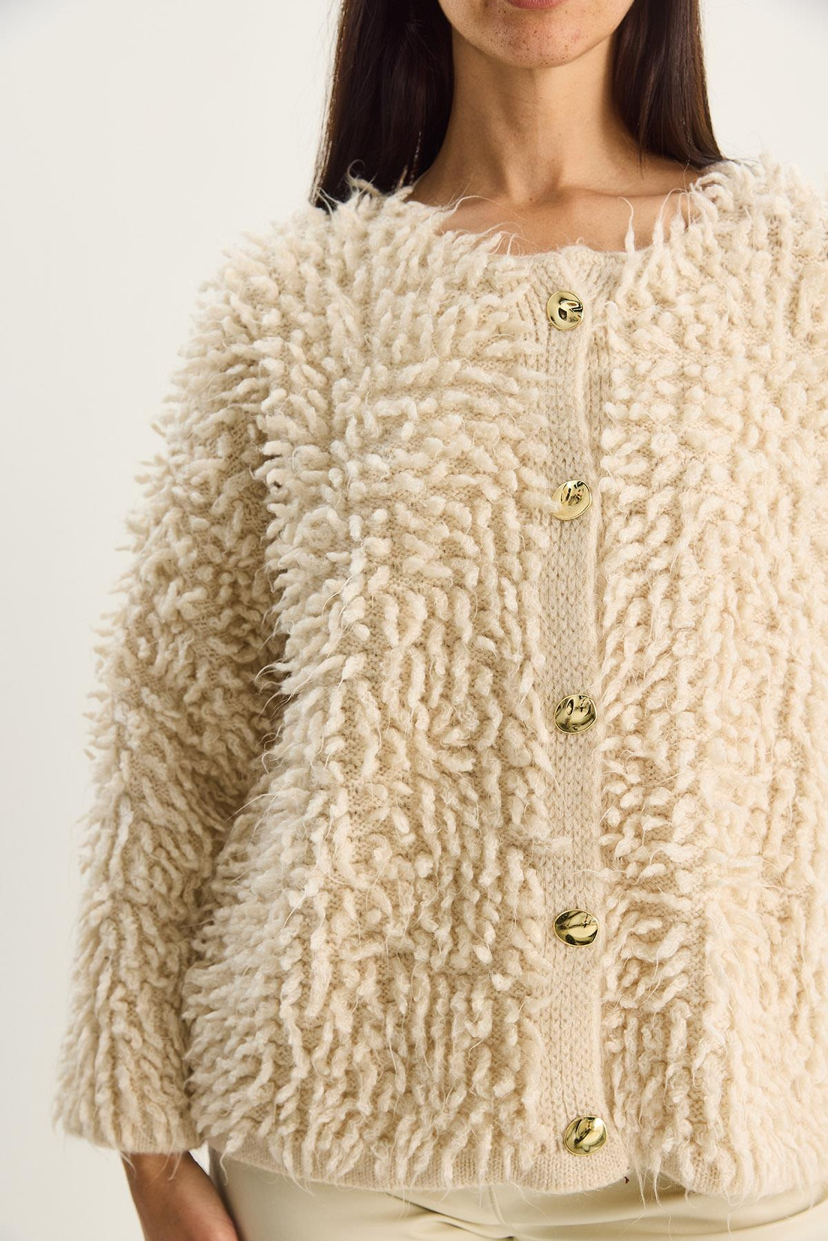 Kadın Oversize Saçaklı Triko Hırka 9062 60283750 - Bej HIRKA modelleri