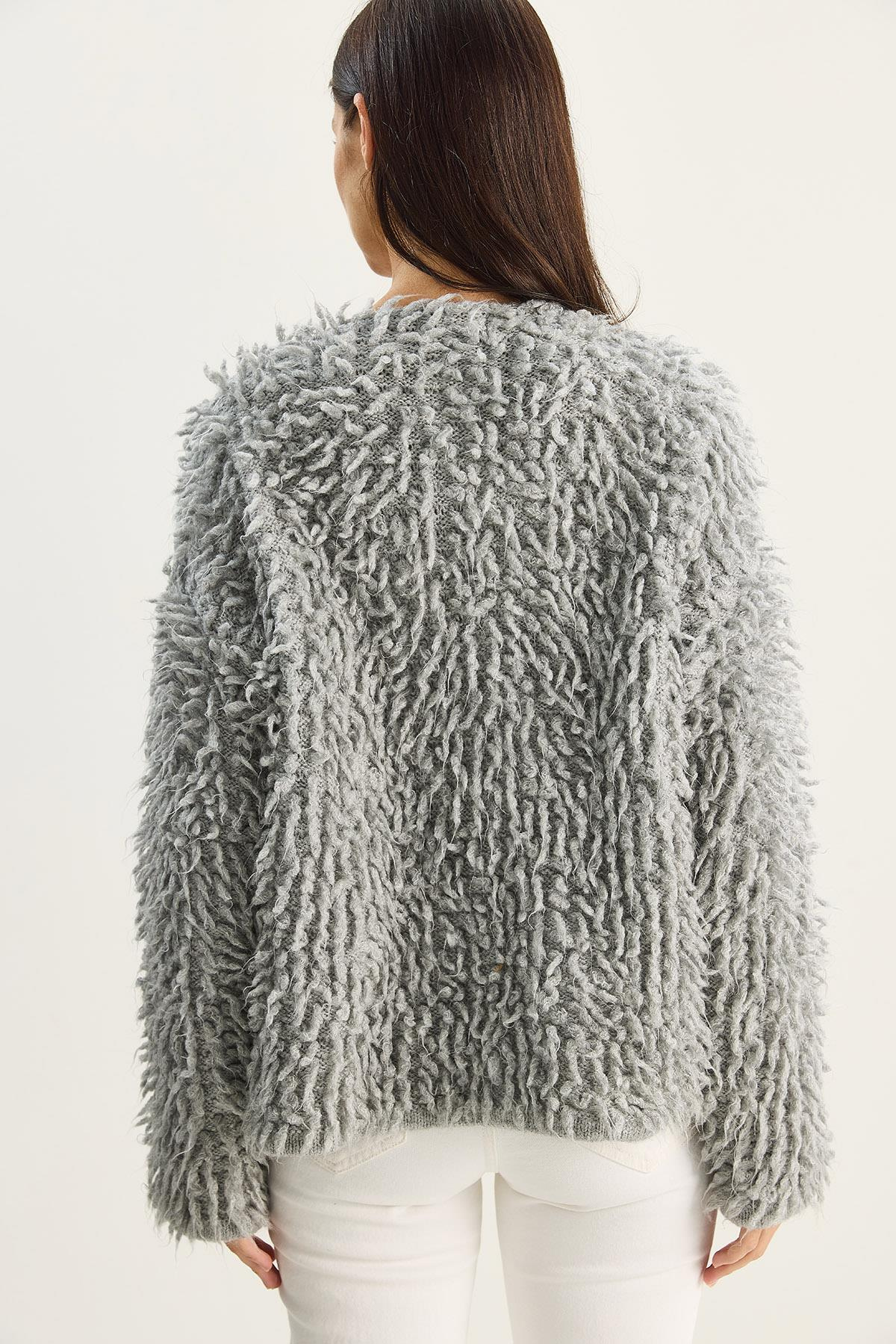 Kadın Oversize Saçaklı Triko Hırka 9062 60283750 - Gri HIRKA modelleri
