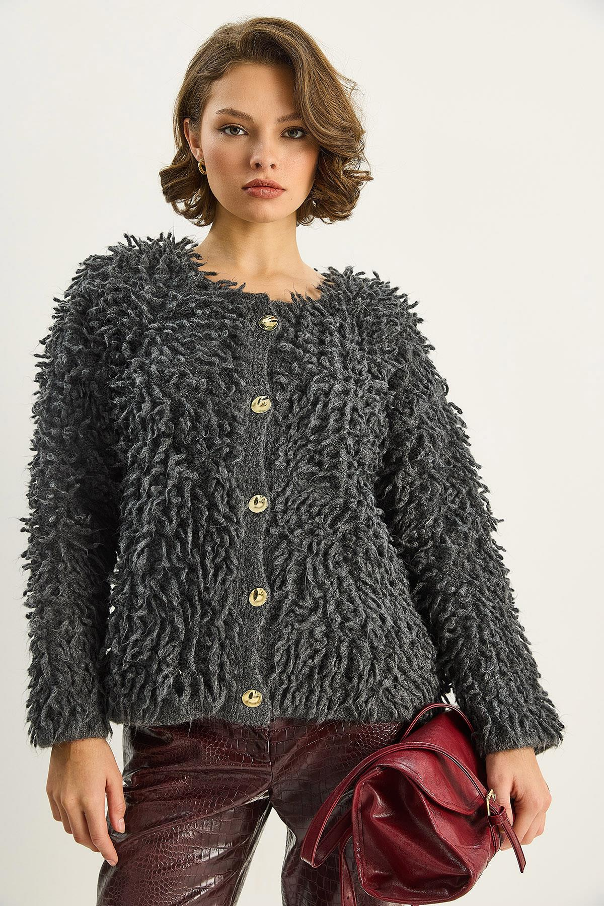Kadın Oversize Saçaklı Triko Hırka 9062 60283750 - Antrasit HIRKA modelleri