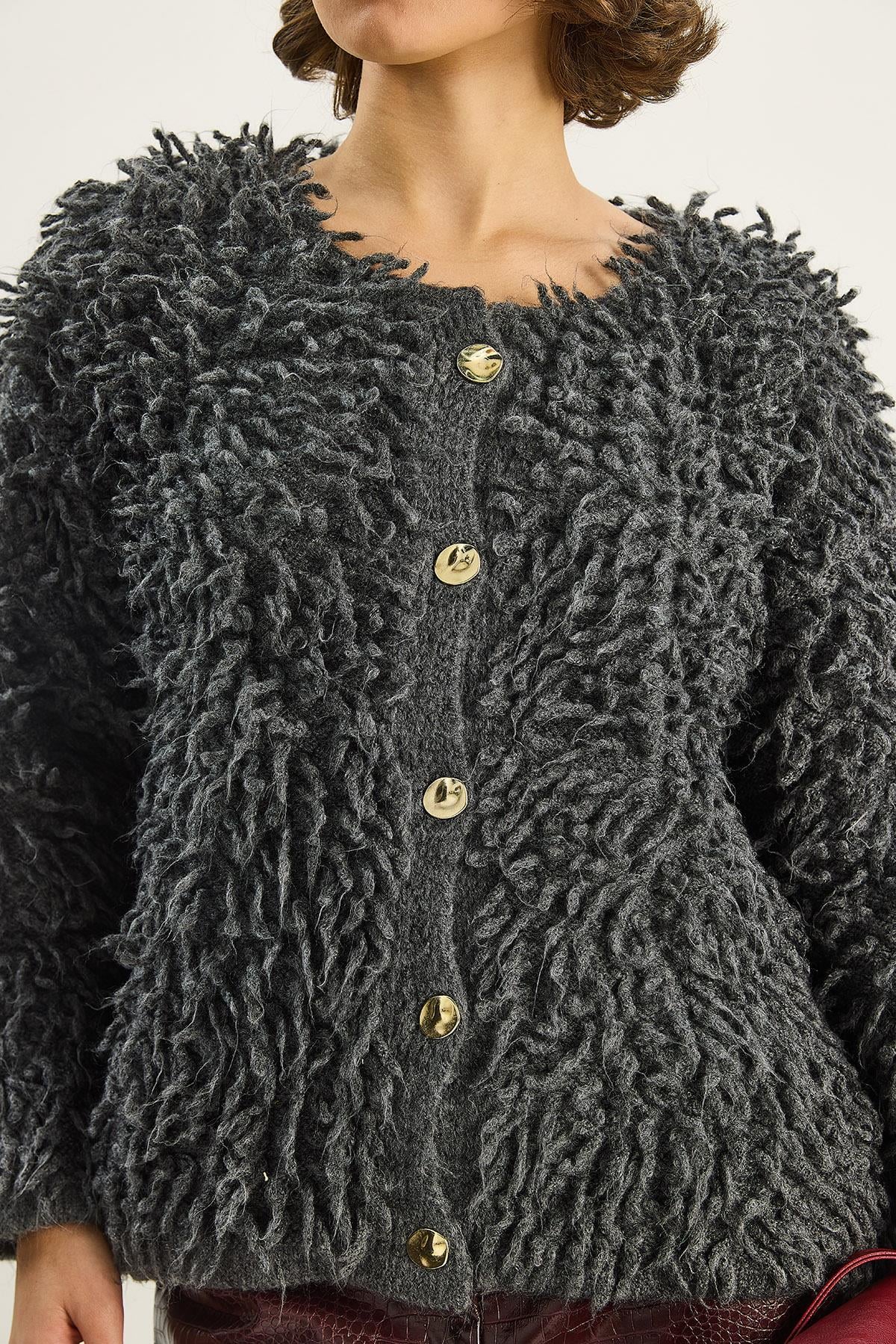 Kadın Oversize Saçaklı Triko Hırka 9062 60283750 - Antrasit HIRKA modelleri