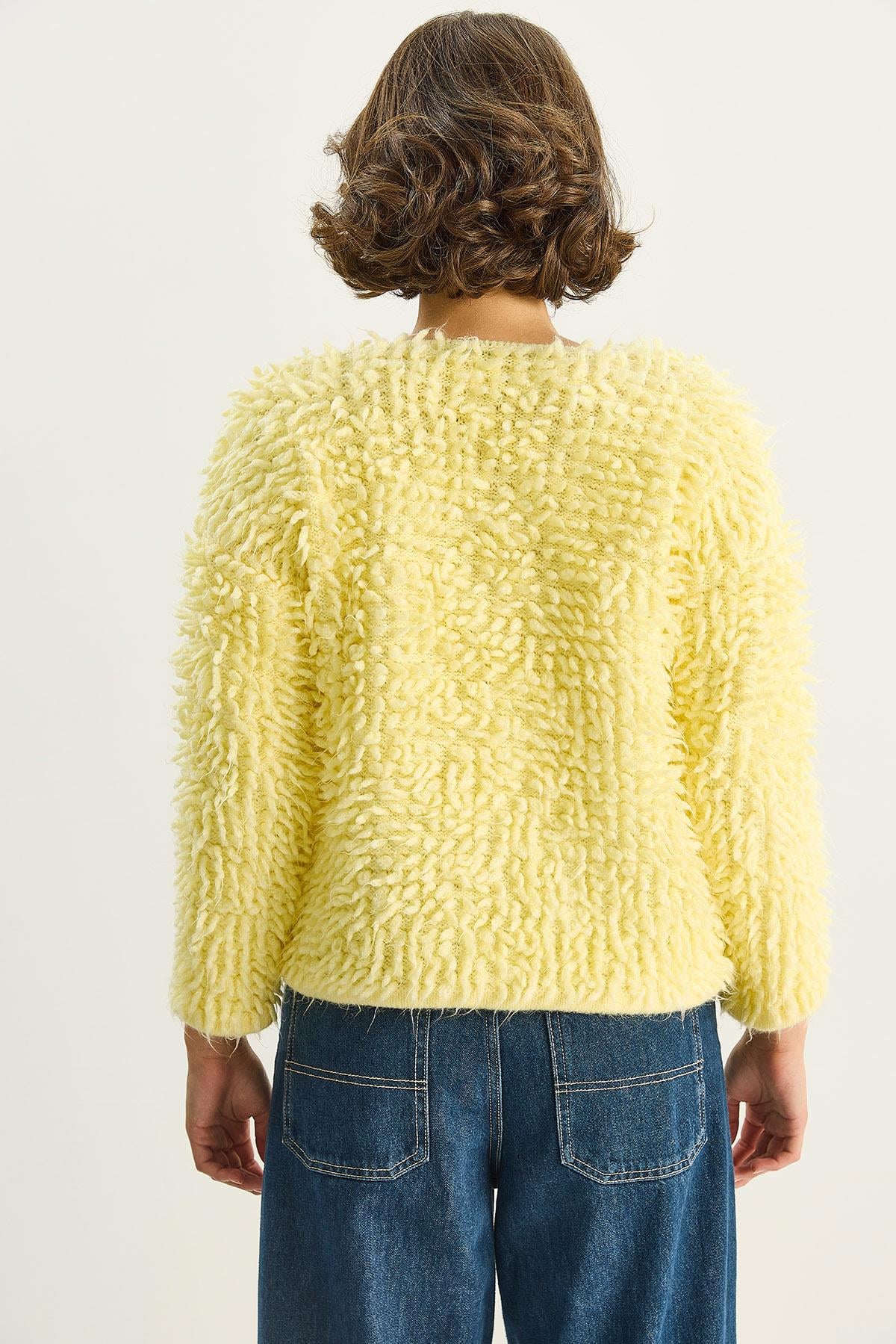 Kadın Oversize Saçaklı Triko Hırka 9062 60283750 - Sarı HIRKA modelleri