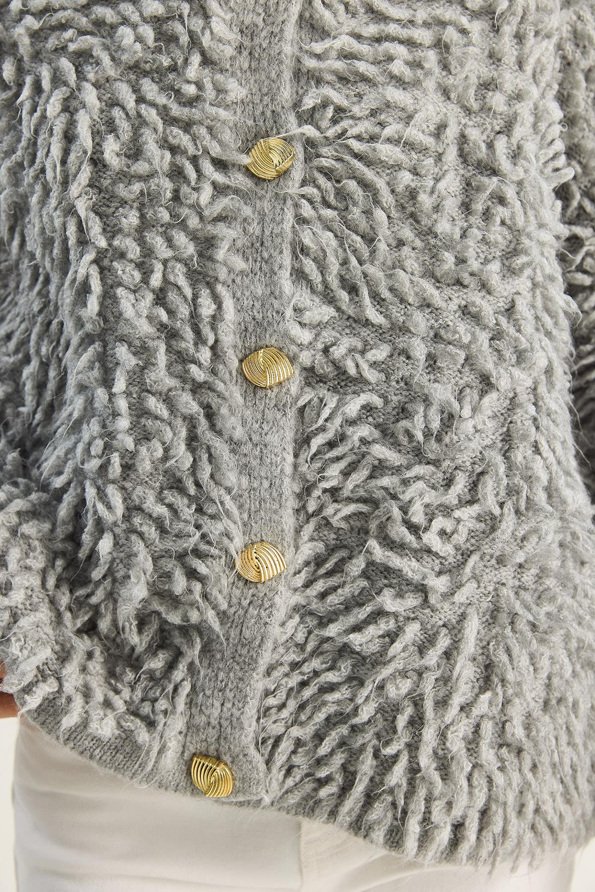 Kadın Oversize Saçaklı Triko Hırka 9062 60283750 - Gri HIRKA modelleri