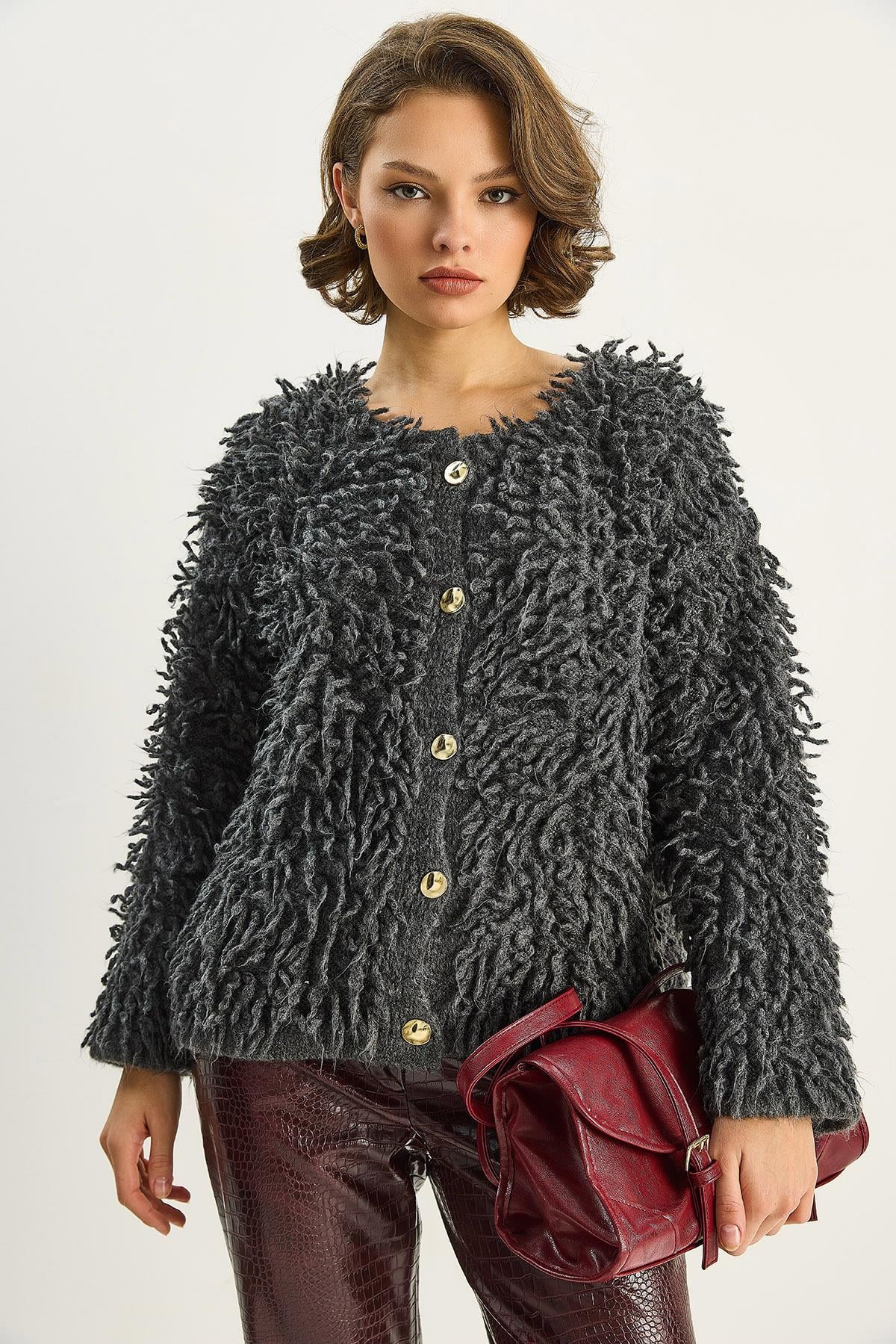 Kadın Oversize Saçaklı Triko Hırka 9062 60283750 - Antrasit HIRKA modelleri