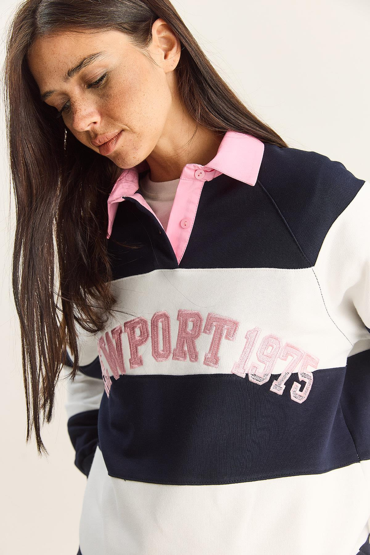 Kadın Polo Yaka Nakışlı Çizgili Sweatshirt 8658 60283852 - Lacivert-Beyaz SWEATSHİRT modelleri