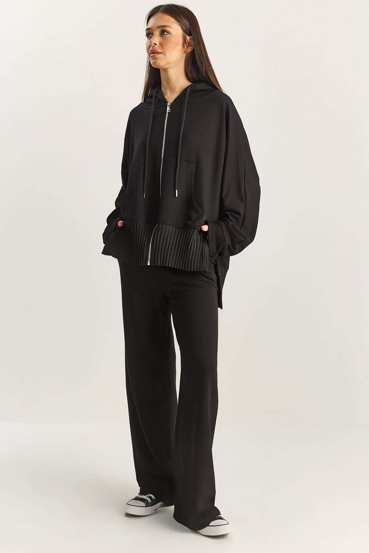 Kadın Ribanalı Oversize Kapüşonlu Fermuarlı Sweat Geniş Paça Comfort Pantolon Takım 4038 60283855 - Siyah ALT - ÜST TAKIM modelleri