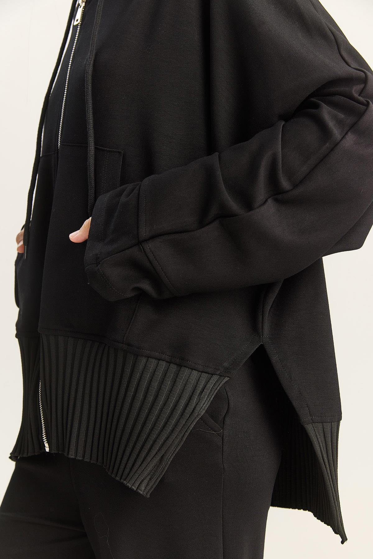 Kadın Ribanalı Oversize Kapüşonlu Fermuarlı Sweat Geniş Paça Comfort Pantolon Takım 4038 60283855 - Siyah ALT - ÜST TAKIM modelleri