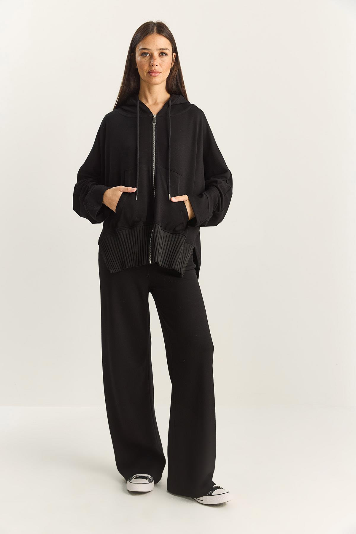 Kadın Ribanalı Oversize Kapüşonlu Fermuarlı Sweat Geniş Paça Comfort Pantolon Takım 4038 60283855 - Siyah ALT - ÜST TAKIM modelleri