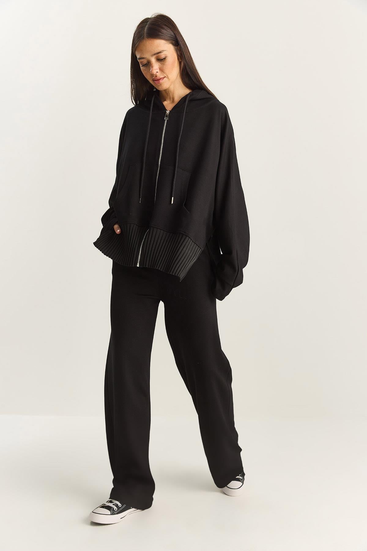 Kadın Ribanalı Oversize Kapüşonlu Fermuarlı Sweat Geniş Paça Comfort Pantolon Takım 4038 60283855 - Siyah ALT - ÜST TAKIM modelleri