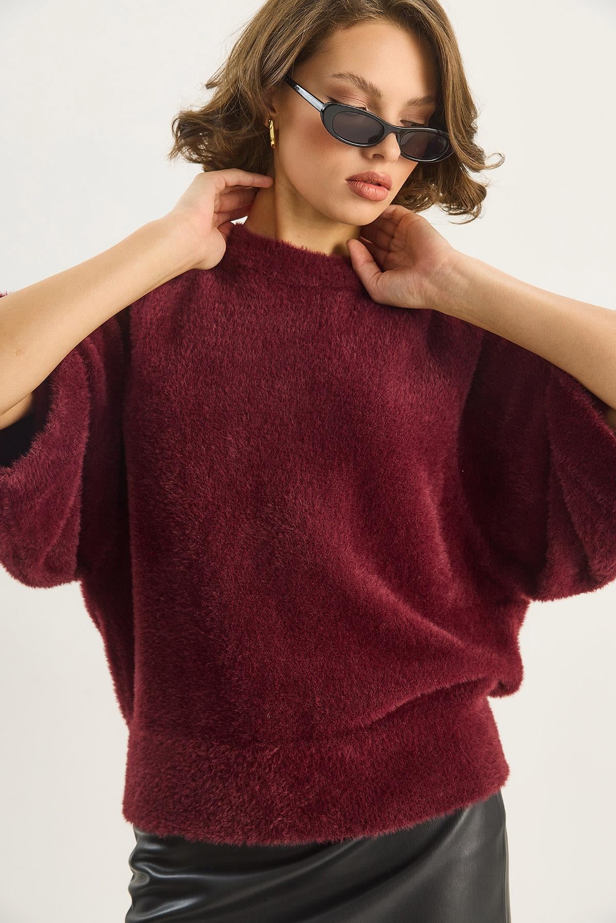 Kadın Sakallı Oversize Yumoş Yarasa Kol Triko Kazak 9036 60283635 - Bordo KAZAK modelleri