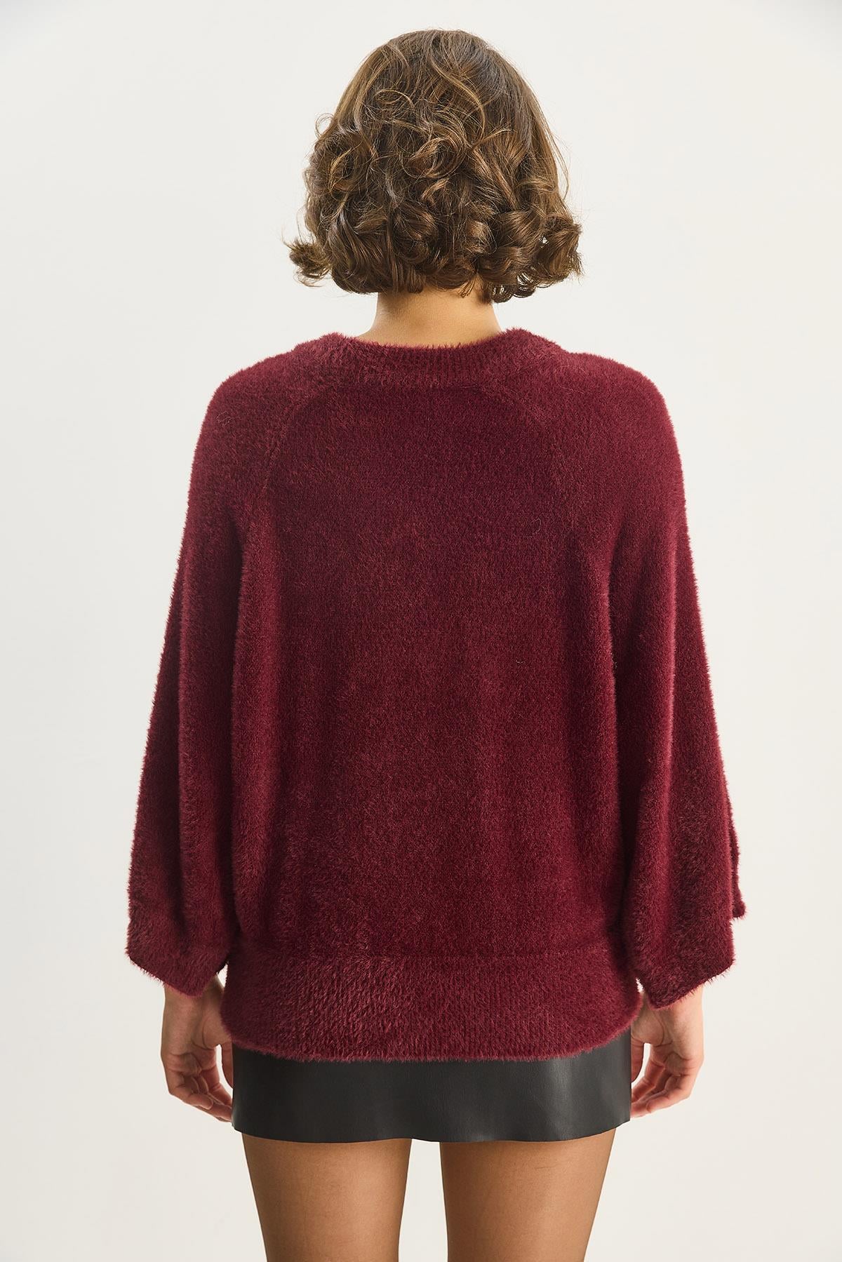 Kadın Sakallı Oversize Yumoş Yarasa Kol Triko Kazak 9036 60283635 - Bordo KAZAK modelleri