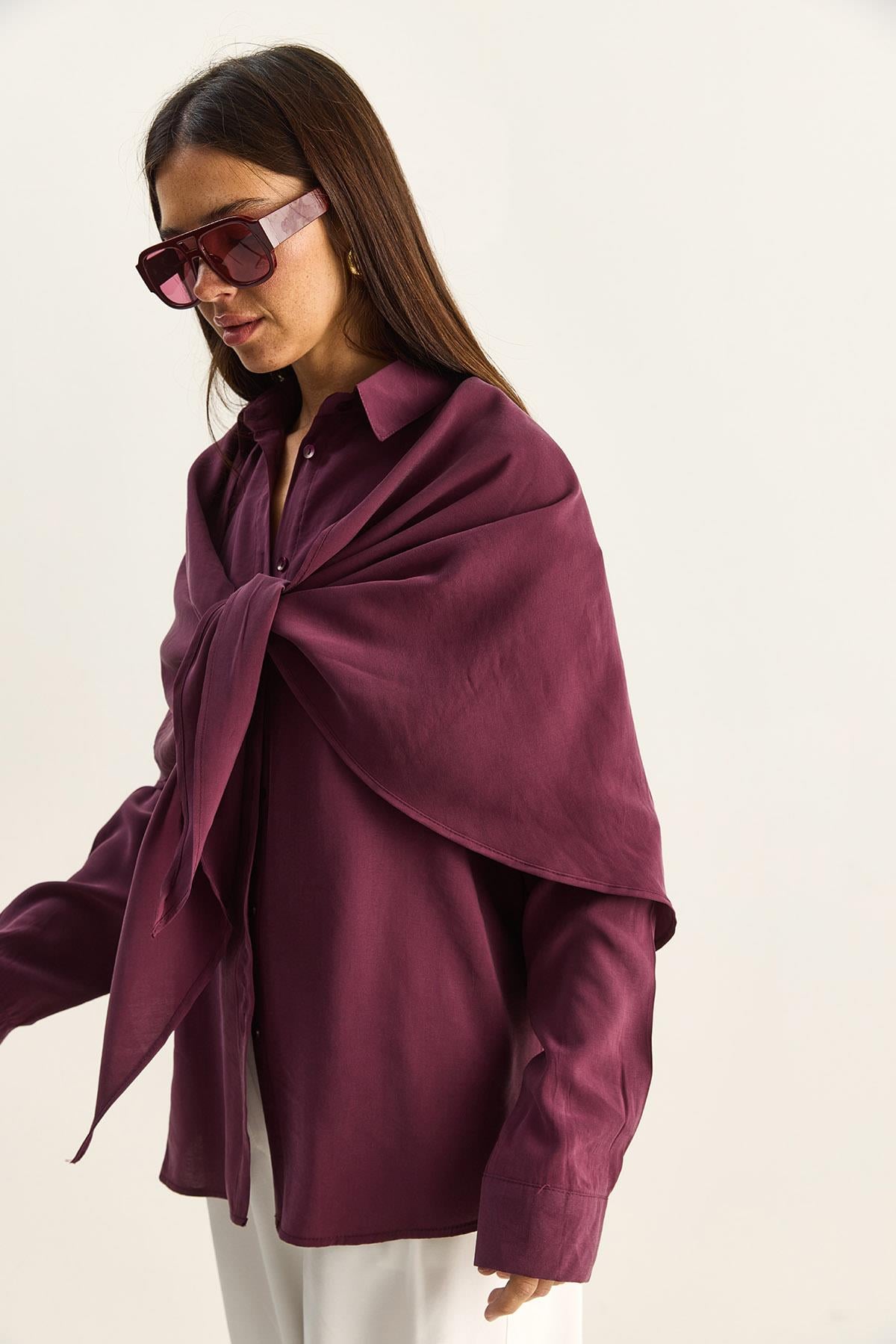 Kadın Şal Aksesuarlı Oversize Modal Gömlek 340 60286164 - Mürdüm GÖMLEK modelleri