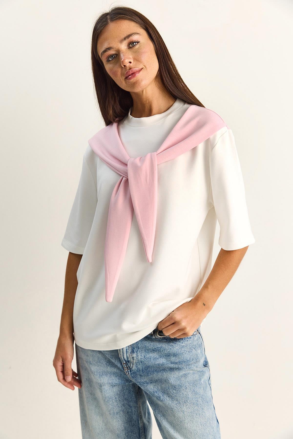 Kadın Şal Detaylı Oversize Basic T-Shirt 1094 60286118 - Beyaz-Pembe T-SHİRT modelleri
