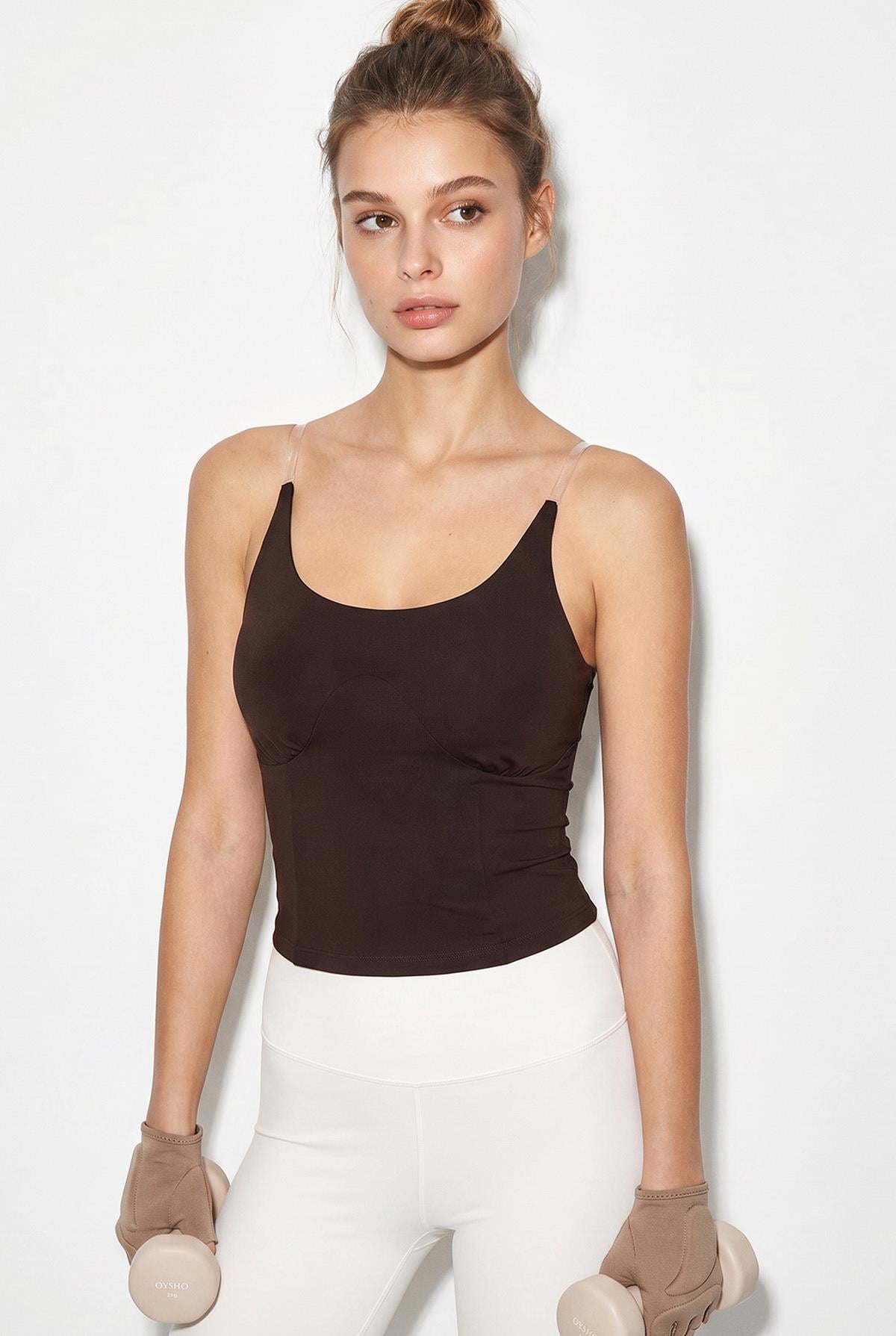 Kadın Şeffaf Askı Detaylı Cup Formlu Likralı Crop Bluz 2314 60286135 - Acı Kahve BLUZ modelleri