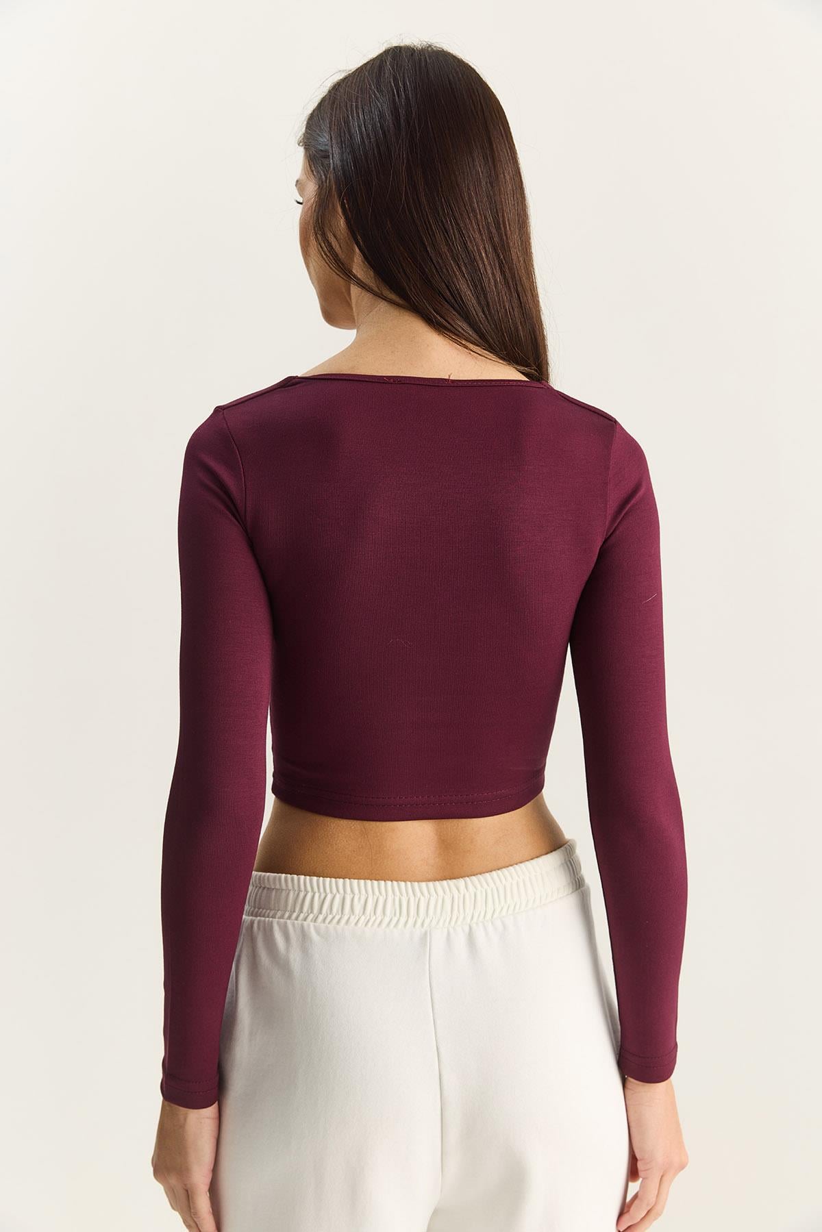 Kadın Soft Touch Kare Yaka Uzun Kollu Basic Bluz 0380 60283878 - Mürdüm BLUZ modelleri