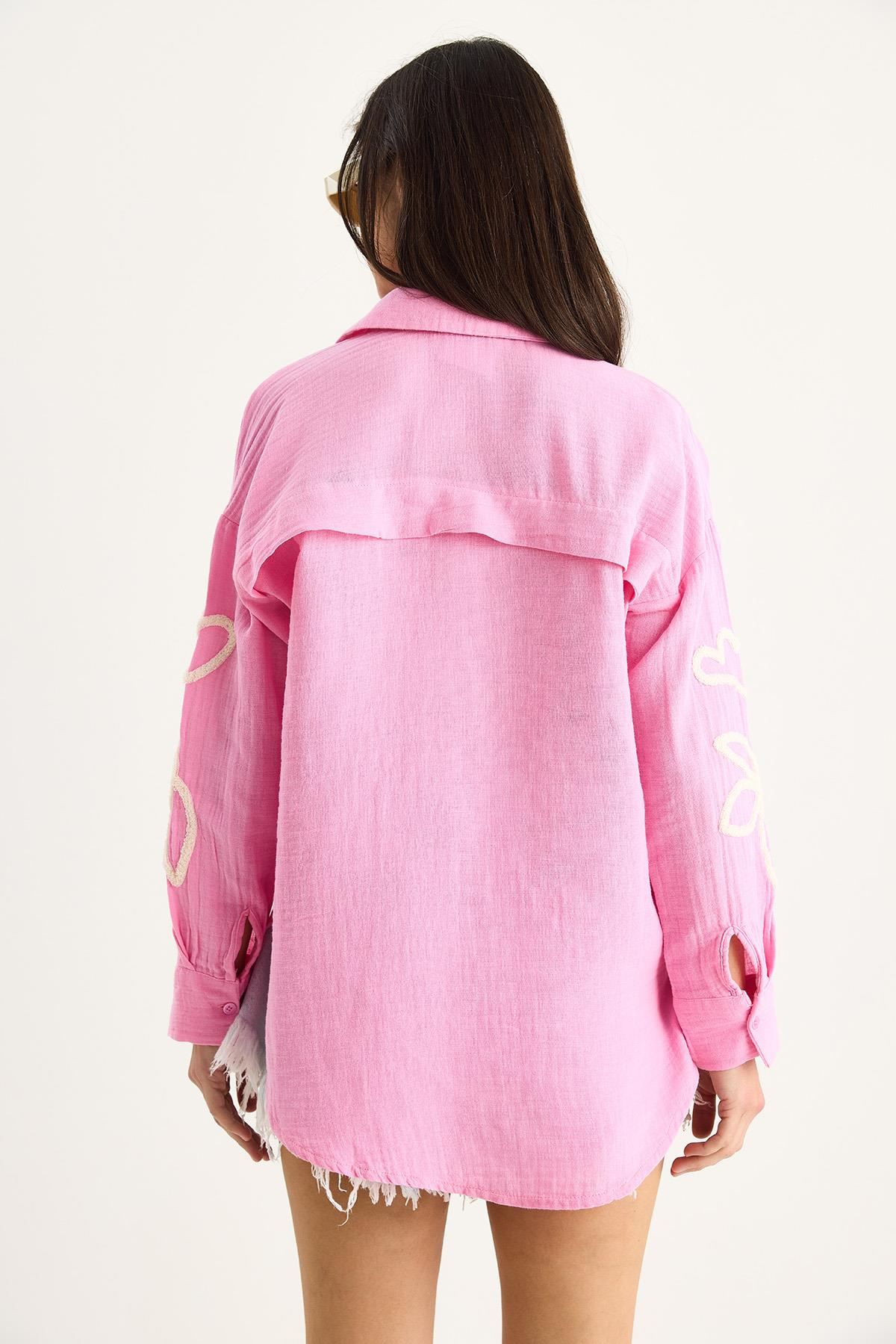 Kadın Süzene Nakış İşlemeli Oversize Müslin Gömlek 2094 60283361 - Pembe