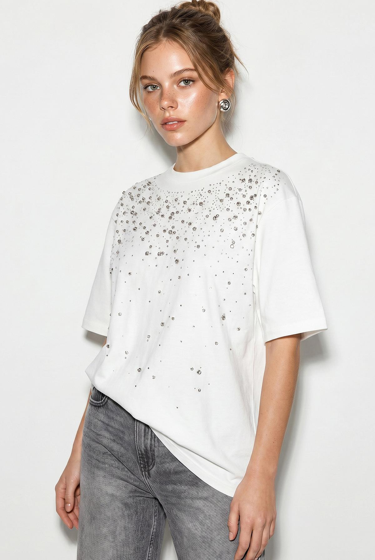 Kadın Taş İşlemeli Bisiklet Yaka Oversize Pamuklu T-Shirt ÖT261107 60286302 - Beyaz T-SHİRT modelleri
