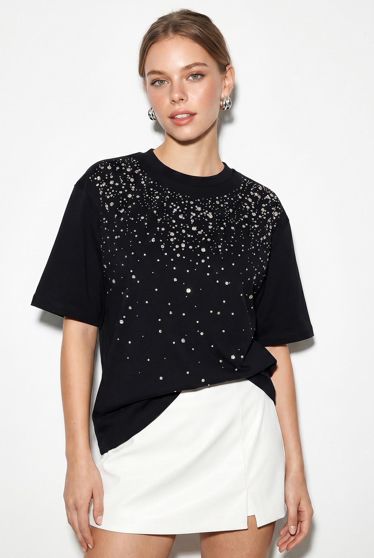 Kadın Taş İşlemeli Bisiklet Yaka Oversize Pamuklu T-Shirt ÖT261107 60286302 - Siyah T-SHİRT modelleri