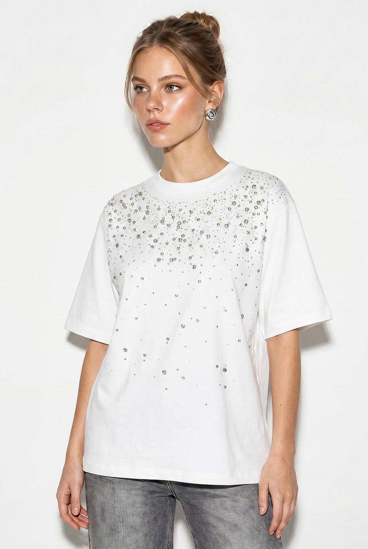 Kadın Taş İşlemeli Bisiklet Yaka Oversize Pamuklu T-Shirt ÖT261107 60286302 - Beyaz T-SHİRT modelleri
