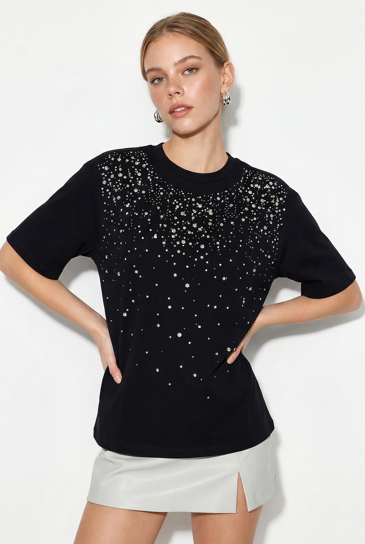 Kadın Taş İşlemeli Bisiklet Yaka Oversize Pamuklu T-Shirt ÖT261107 60286302 - Siyah T-SHİRT modelleri