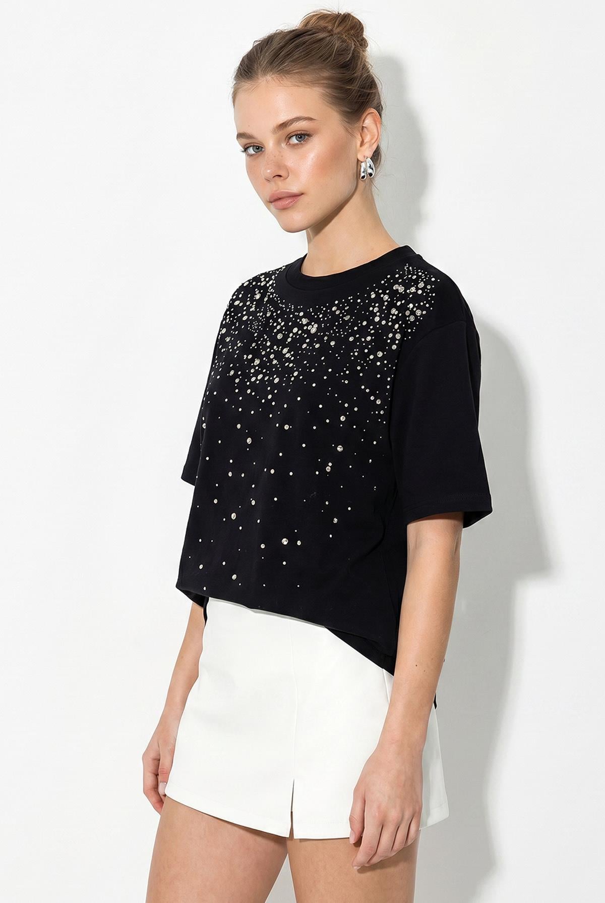 Kadın Taş İşlemeli Bisiklet Yaka Oversize Pamuklu T-Shirt ÖT261107 60286302 - Siyah T-SHİRT modelleri