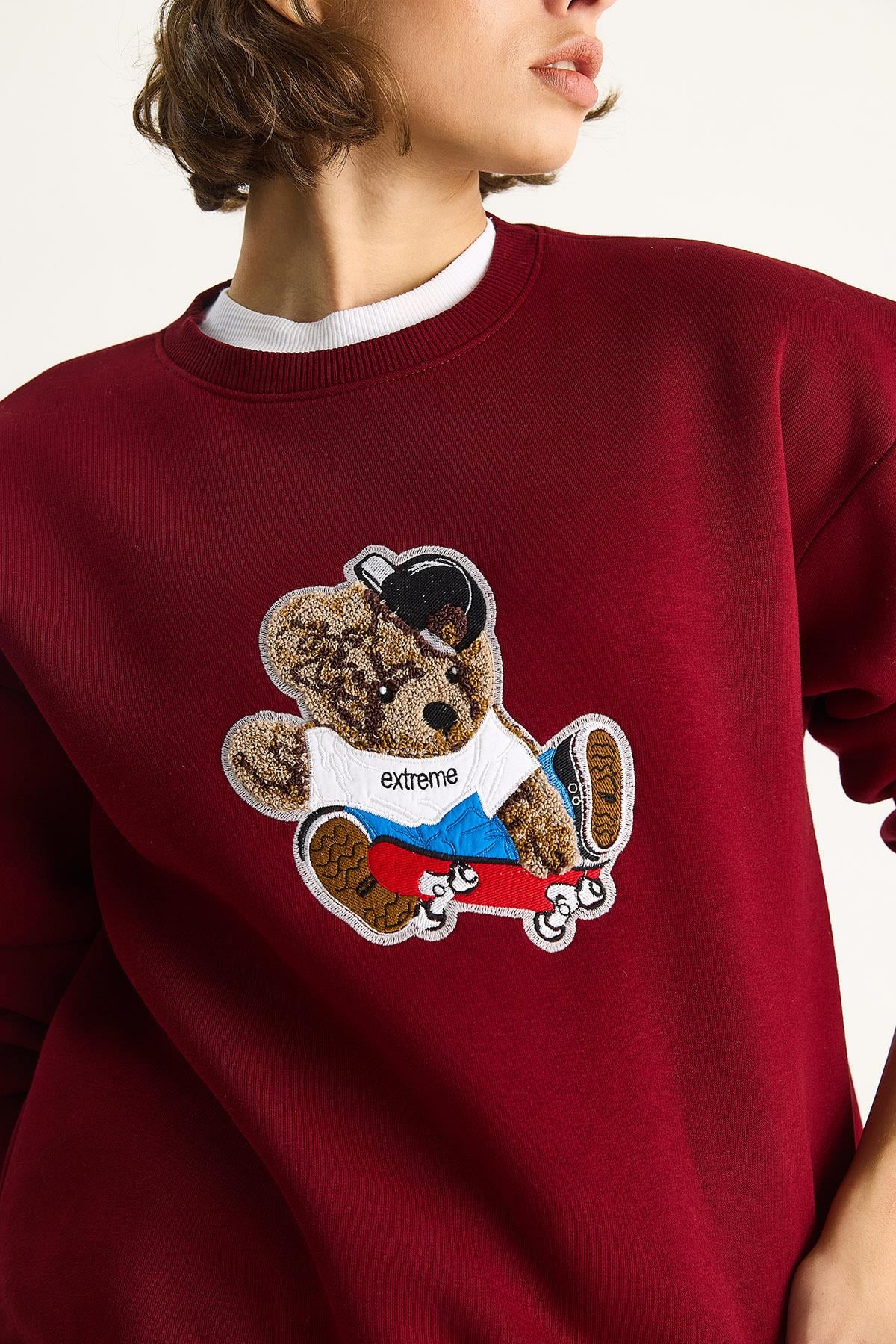 Kadın Teddy Nakış İşlemeli Bisiklet Yaka Salaş Sweatshirt 6864 60283522 - Bordo SWEATSHİRT modelleri
