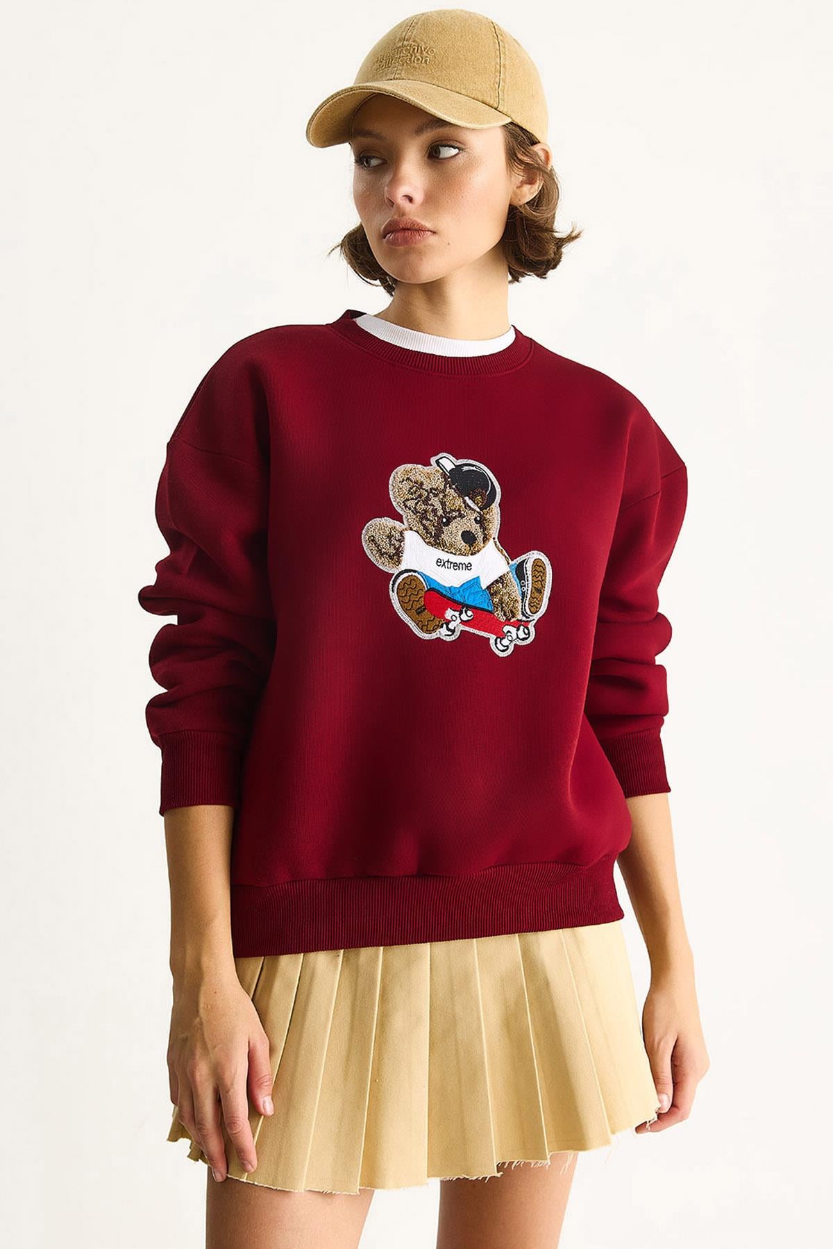 Kadın Teddy Nakış İşlemeli Bisiklet Yaka Salaş Sweatshirt 6864 60283522 - Bordo SWEATSHİRT modelleri