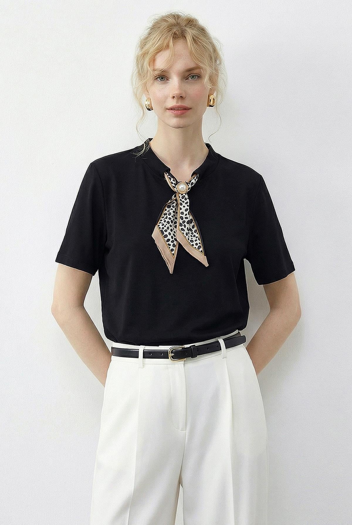 Kadın Tokalı Fular Detaylı Basic T-Shirt 7601 60283978 - Siyah T-SHİRT modelleri