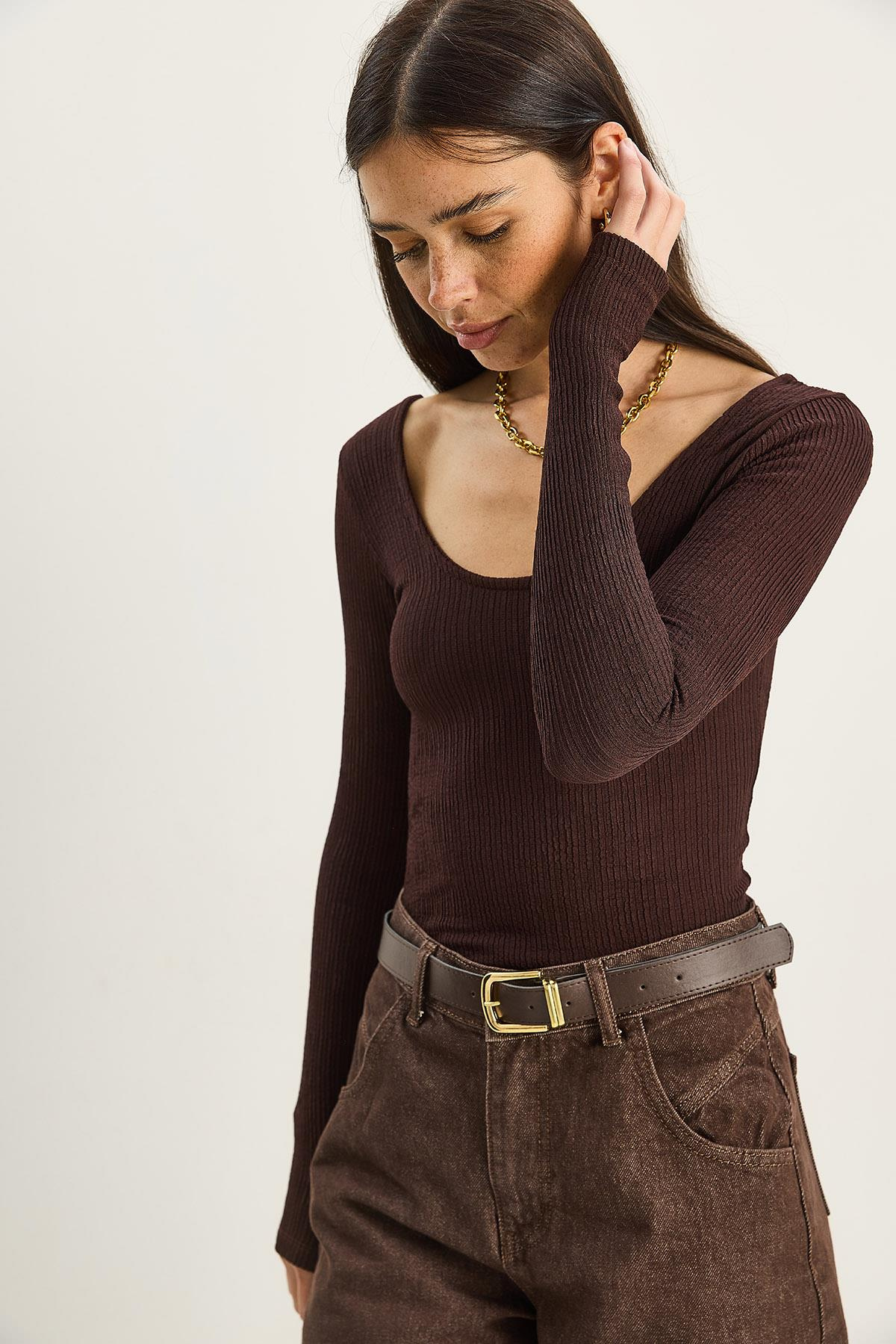 Kadın U Yaka Likralı Basic Bluz 4102 60283783 - Acı Kahve BLUZ modelleri