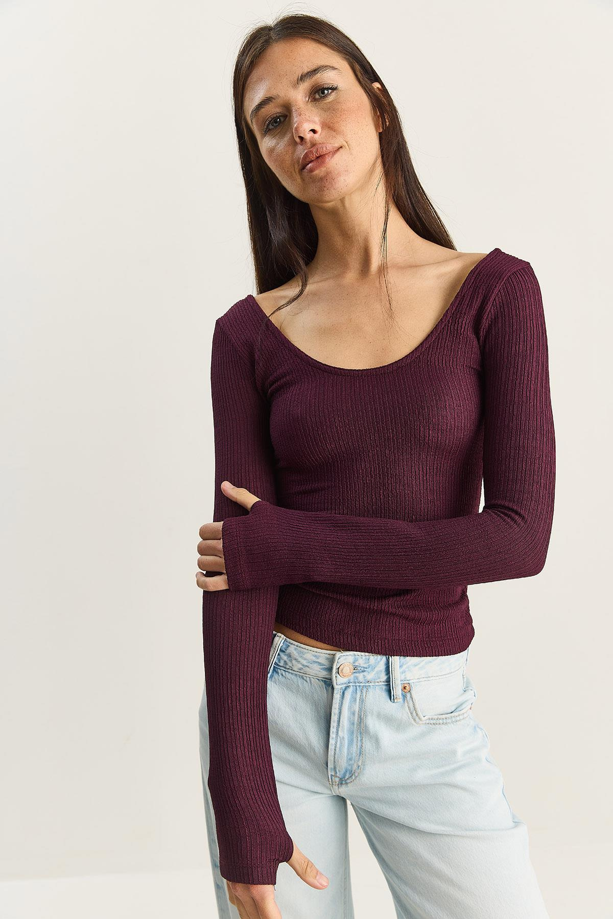 Kadın U Yaka Likralı Basic Bluz 4102 60283783 - Mürdüm BLUZ modelleri