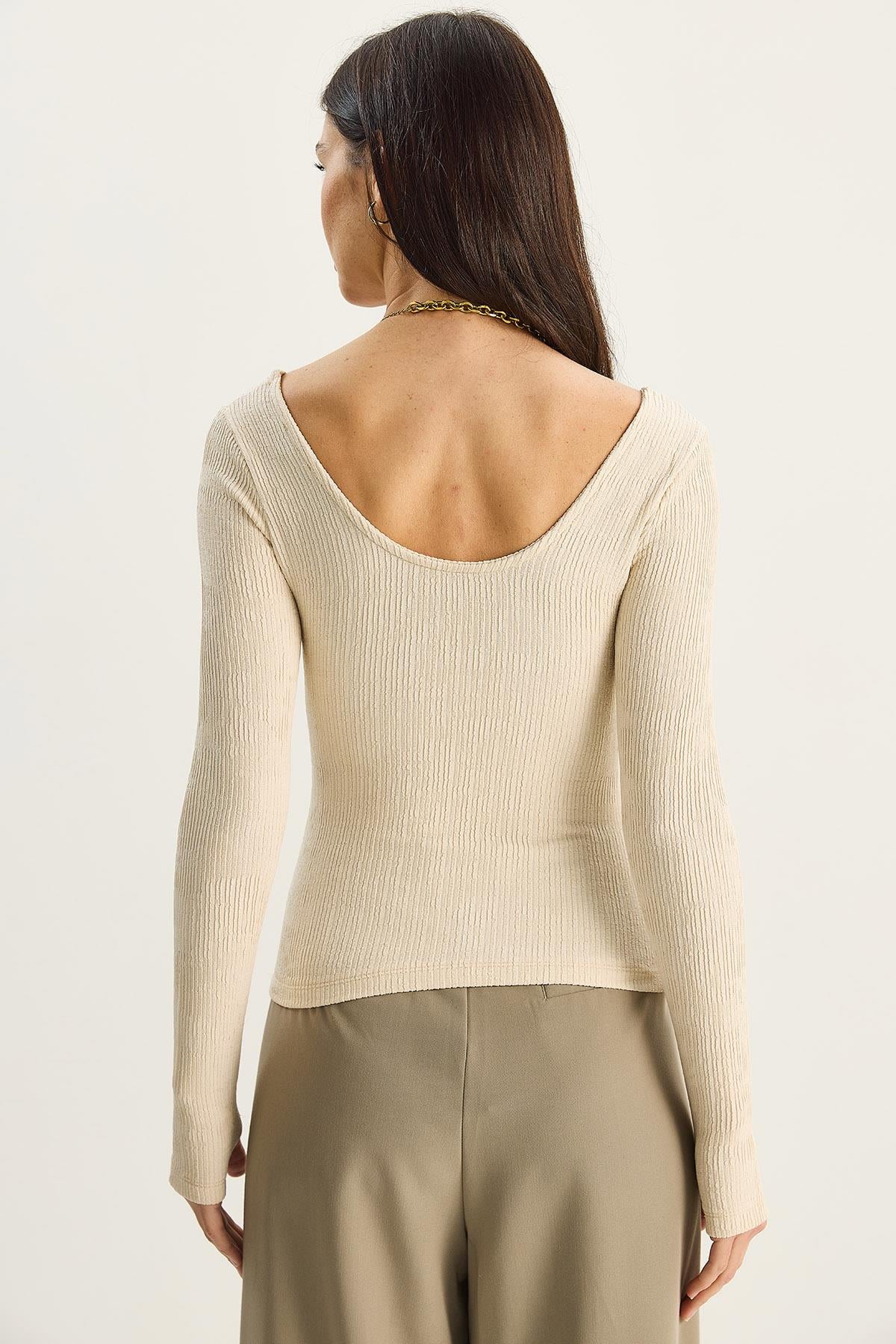 Kadın U Yaka Likralı Basic Bluz 4102 60283783 - Bej BLUZ modelleri