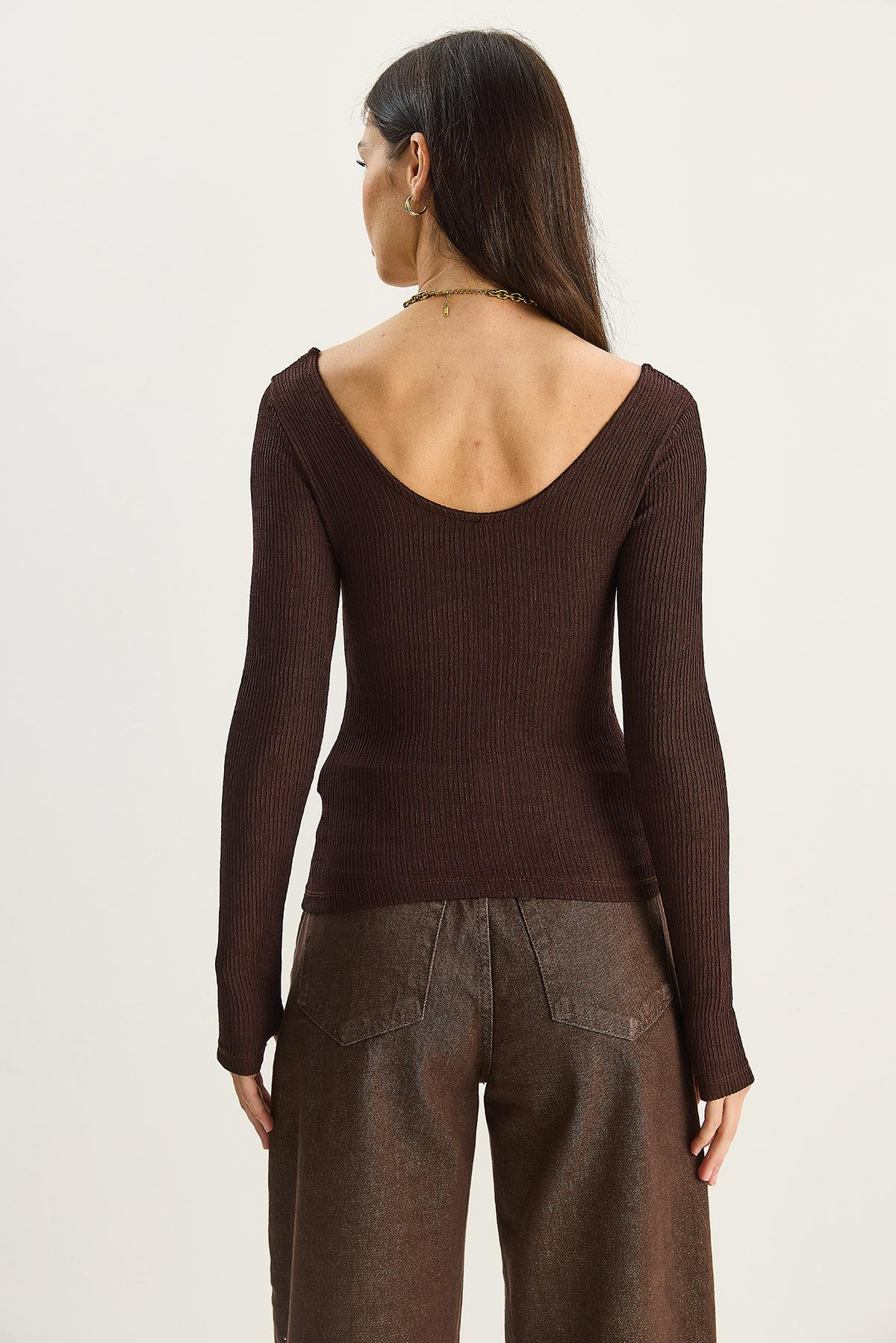 Kadın U Yaka Likralı Basic Bluz 4102 60283783 - Acı Kahve BLUZ modelleri