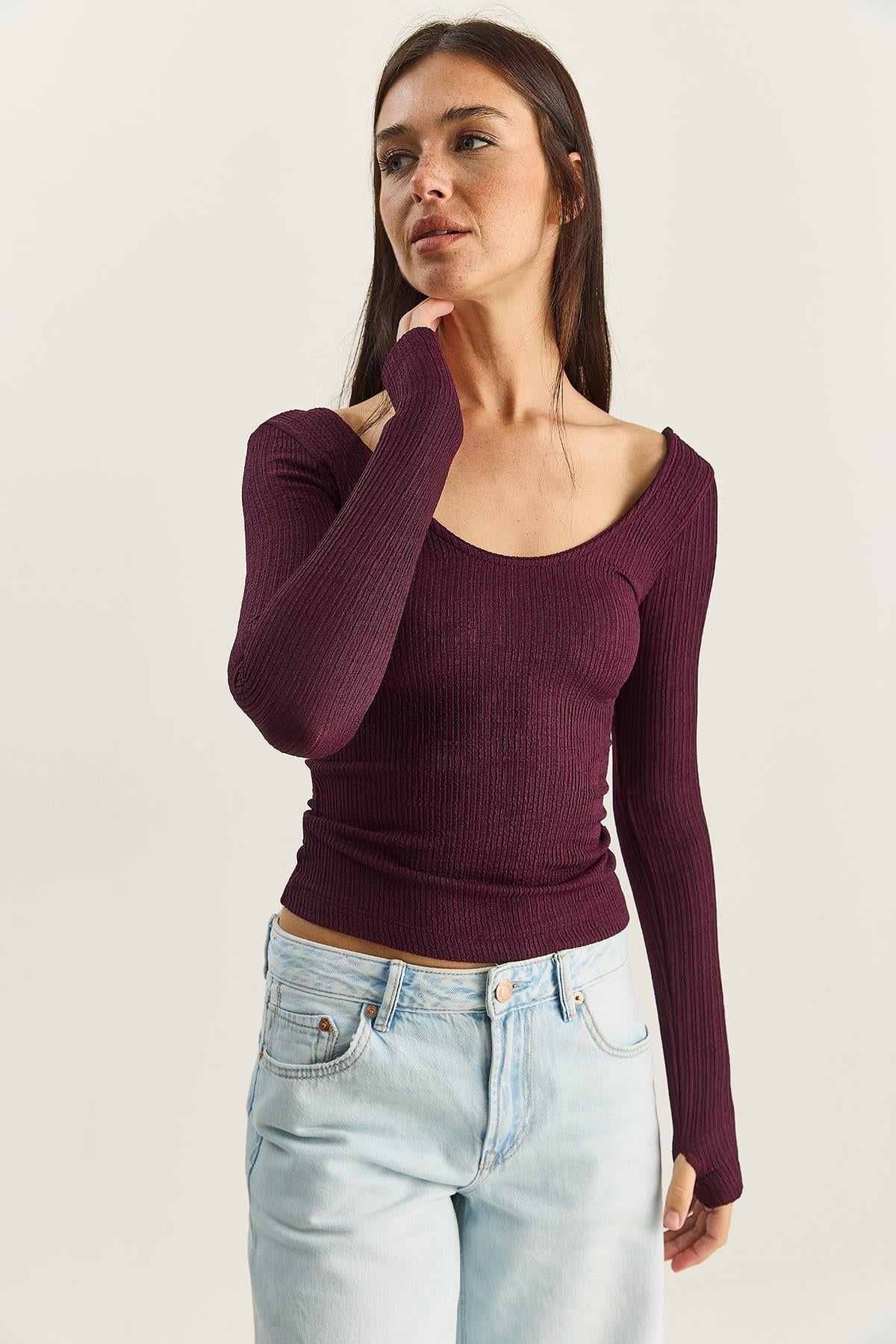 Kadın U Yaka Likralı Basic Bluz 4102 60283783 - Mürdüm BLUZ modelleri