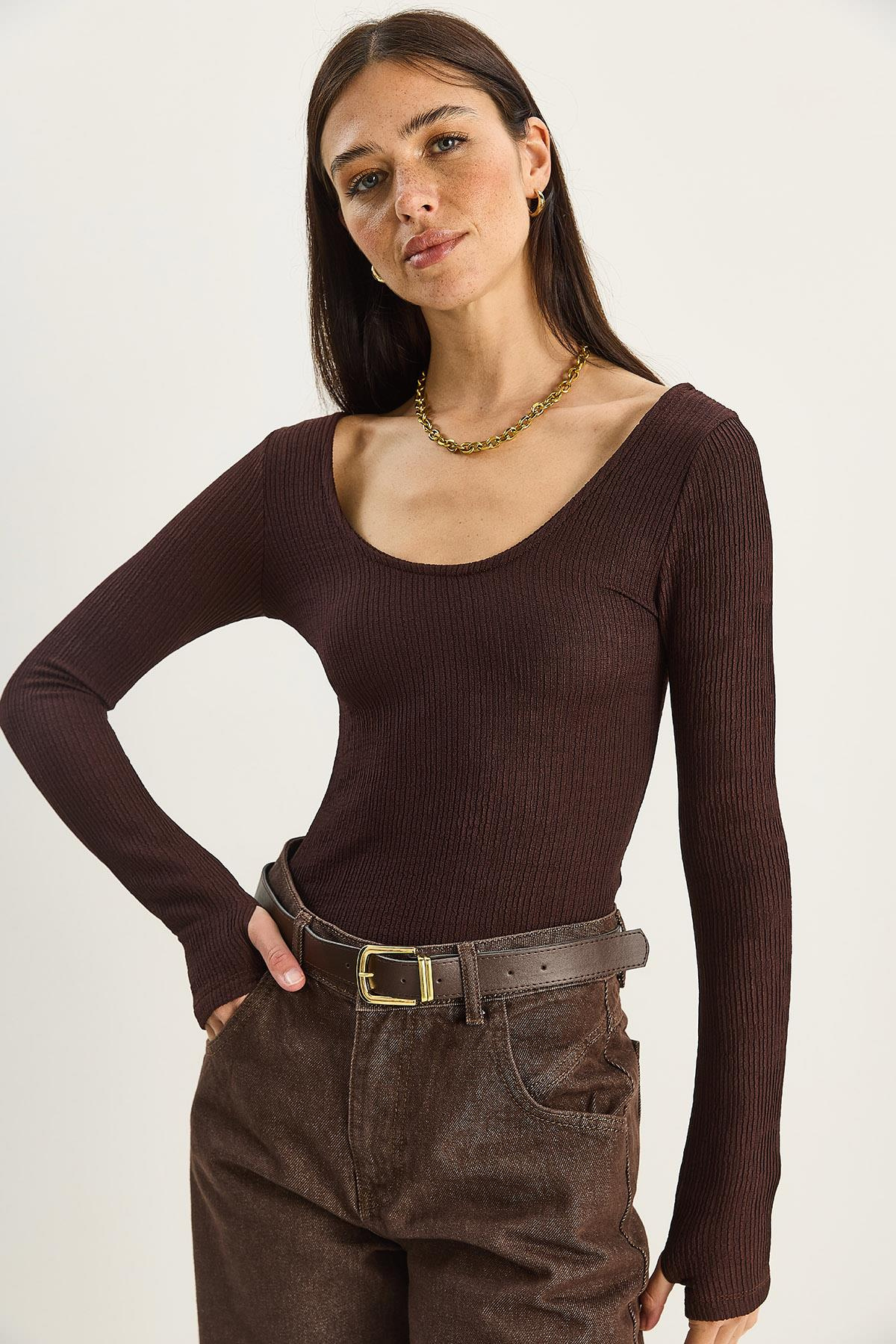 Kadın U Yaka Likralı Basic Bluz 4102 60283783 - Acı Kahve BLUZ modelleri