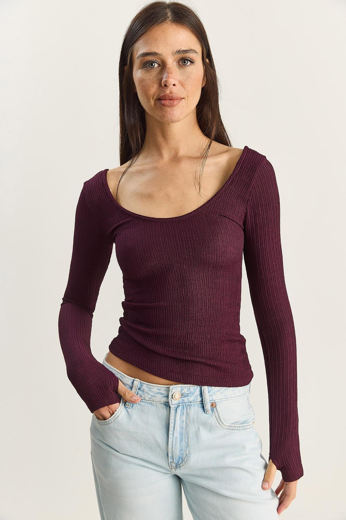 Kadın U Yaka Likralı Basic Bluz 4102 60283783 - Mürdüm BLUZ modelleri