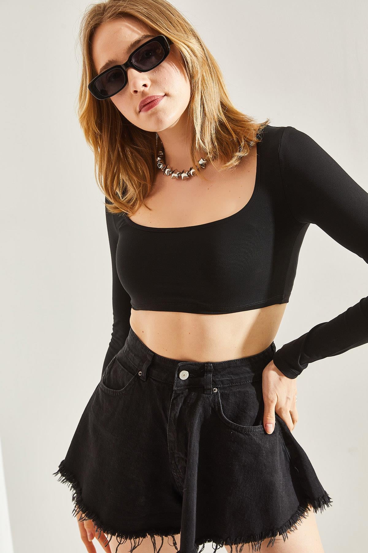 Kadın Uzun Kol Kare Yaka Crop Bluz 60251250 - Siyah BLUZ modelleri