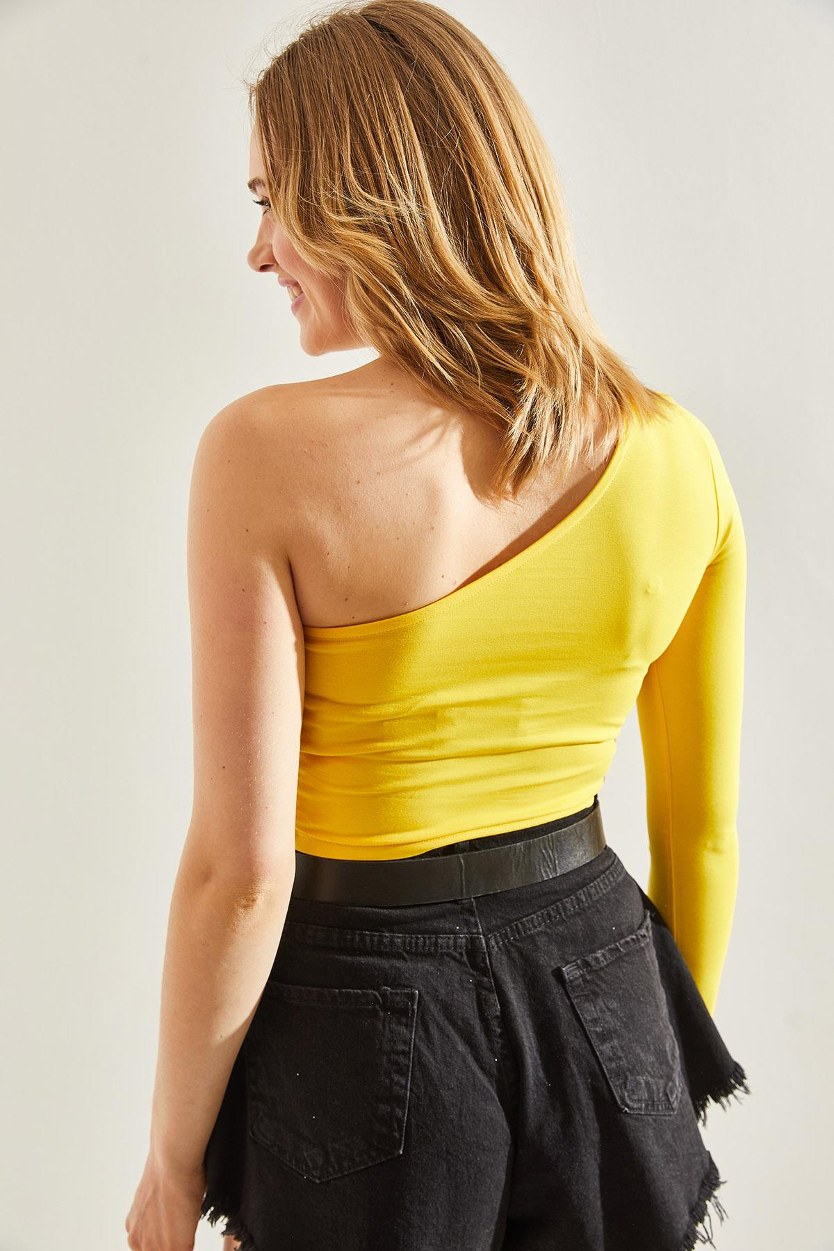 Kadın Uzun Tek Omuz Crop Bluz 60251257 - Sarı BLUZ modelleri