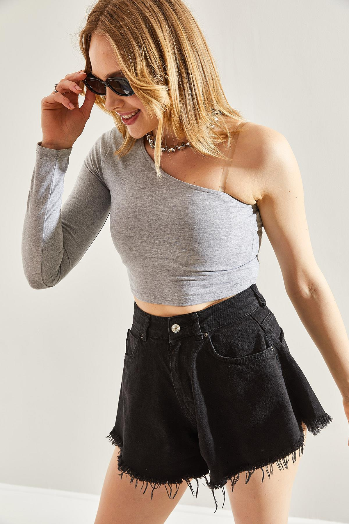 Kadın Uzun Tek Omuz Crop Bluz 60251257 - Gri BLUZ modelleri