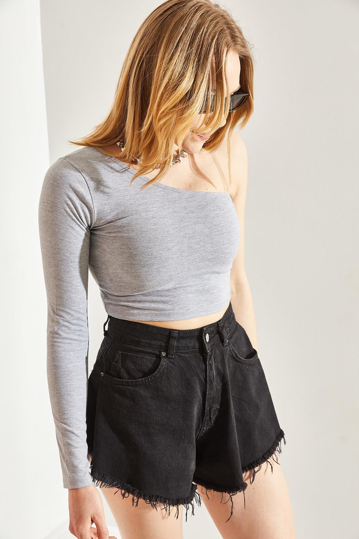 Kadın Uzun Tek Omuz Crop Bluz 60251257 - Gri BLUZ modelleri