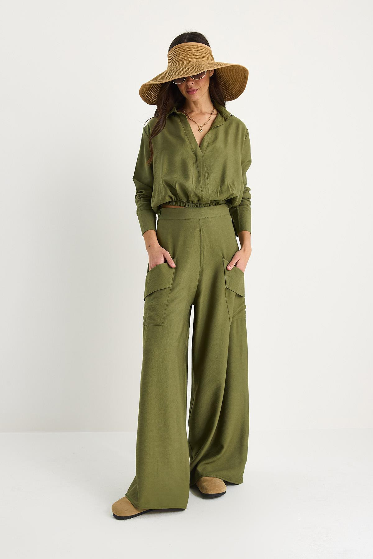 Kadın V Yaka Beli Lastikli Crop Cep Detaylı Bol Pantolonlu Alt-Üst Takım B2199 60283369 - Haki