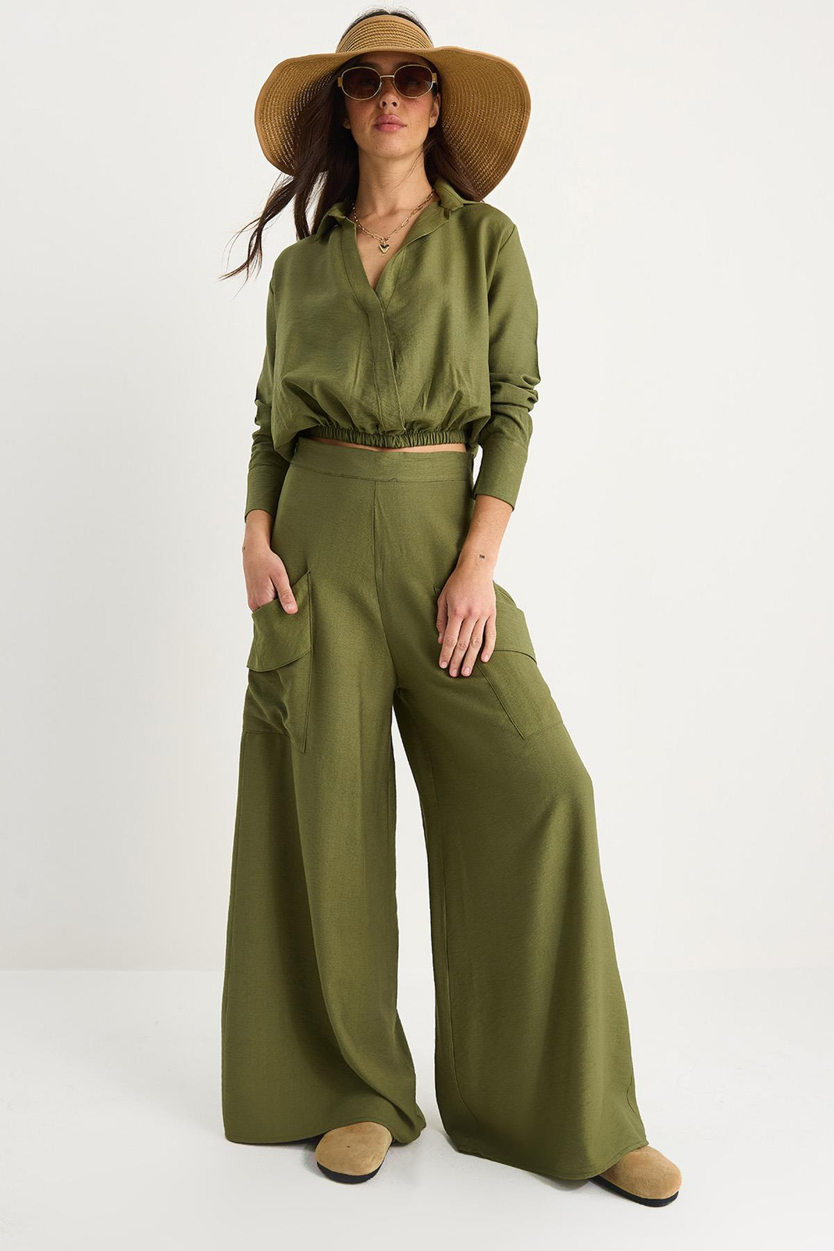 Kadın V Yaka Beli Lastikli Crop Cep Detaylı Bol Pantolonlu Alt-Üst Takım B2199 60283369 - Haki