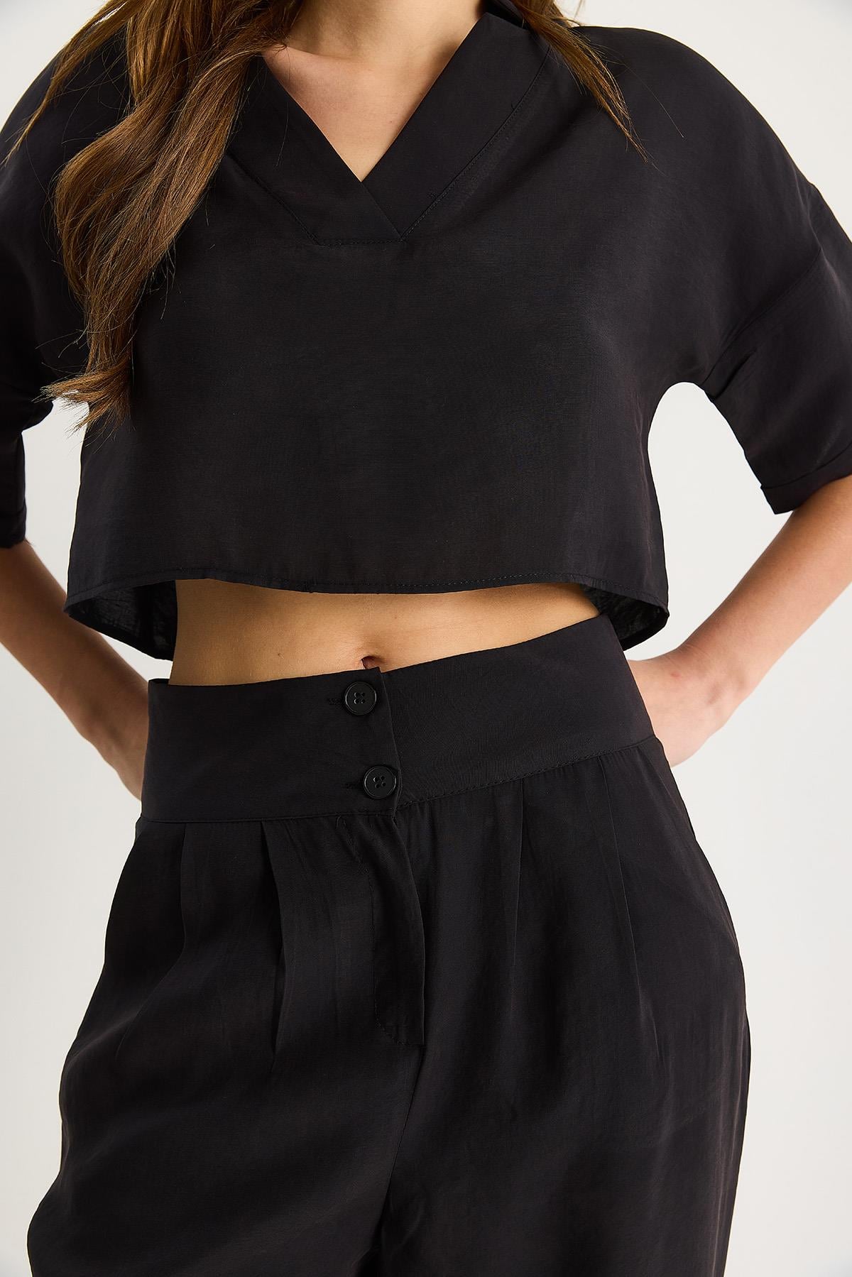 Kadın V Yaka Crop Çift Düğmeli Pantolon Modal Alt-Üst Takım 9330-1 60283505 - Siyah