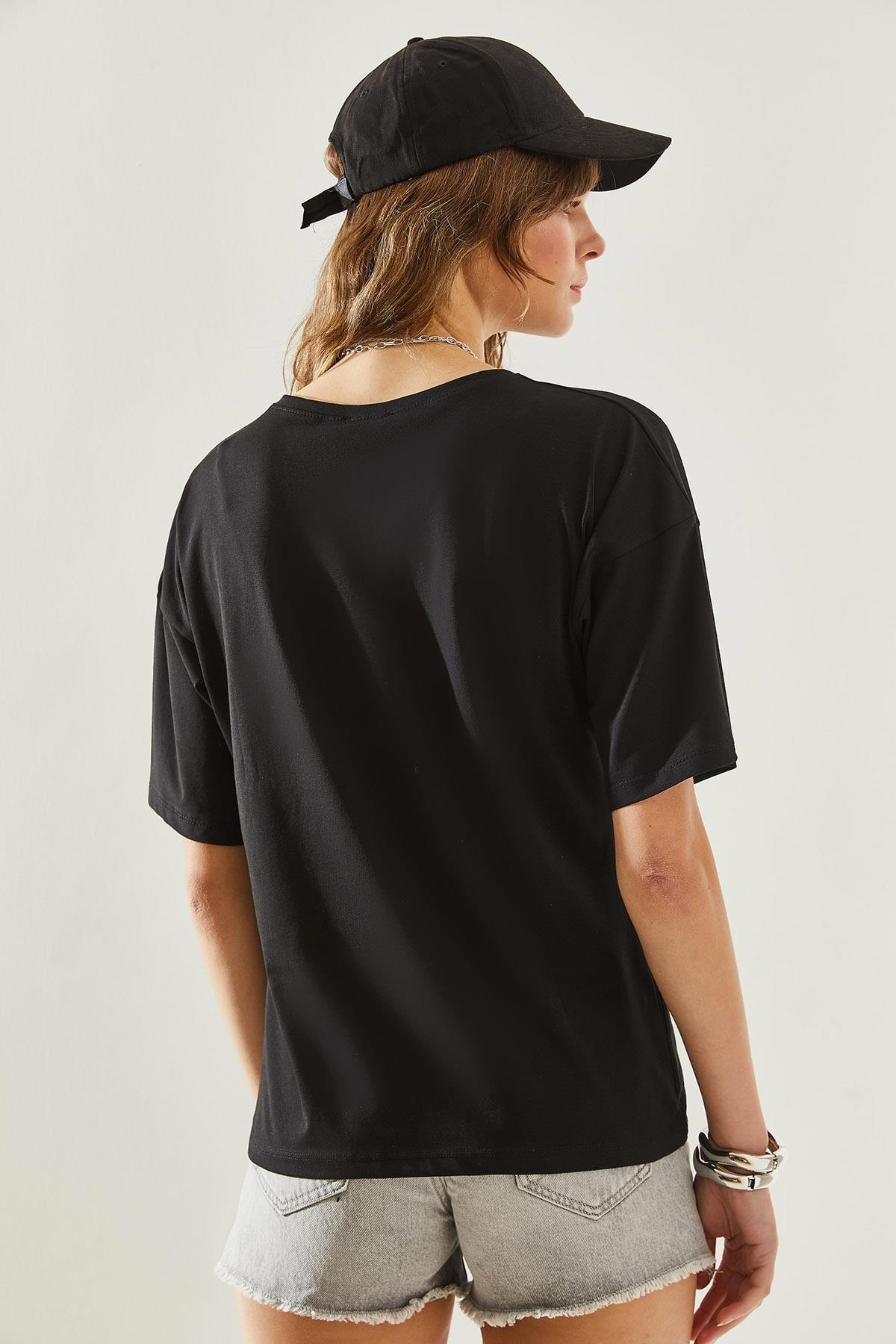 Kadın V Yaka Kısa Kollu Basic T-Shirt 60251204 - Siyah T-SHİRT modelleri