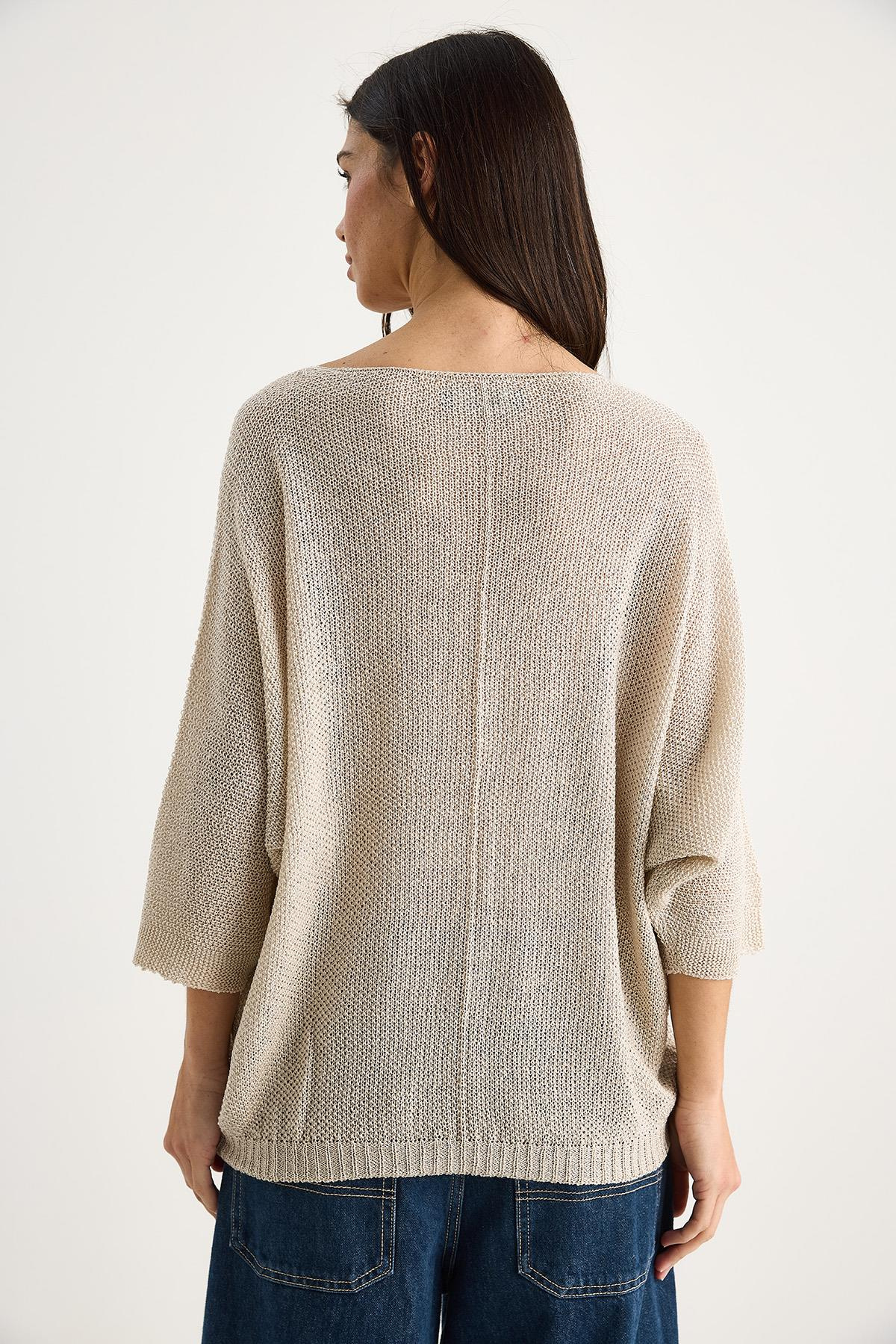 Kadın V Yaka Selanik Örgü Oversize Triko Bluz TY251045 60283338 - Bej