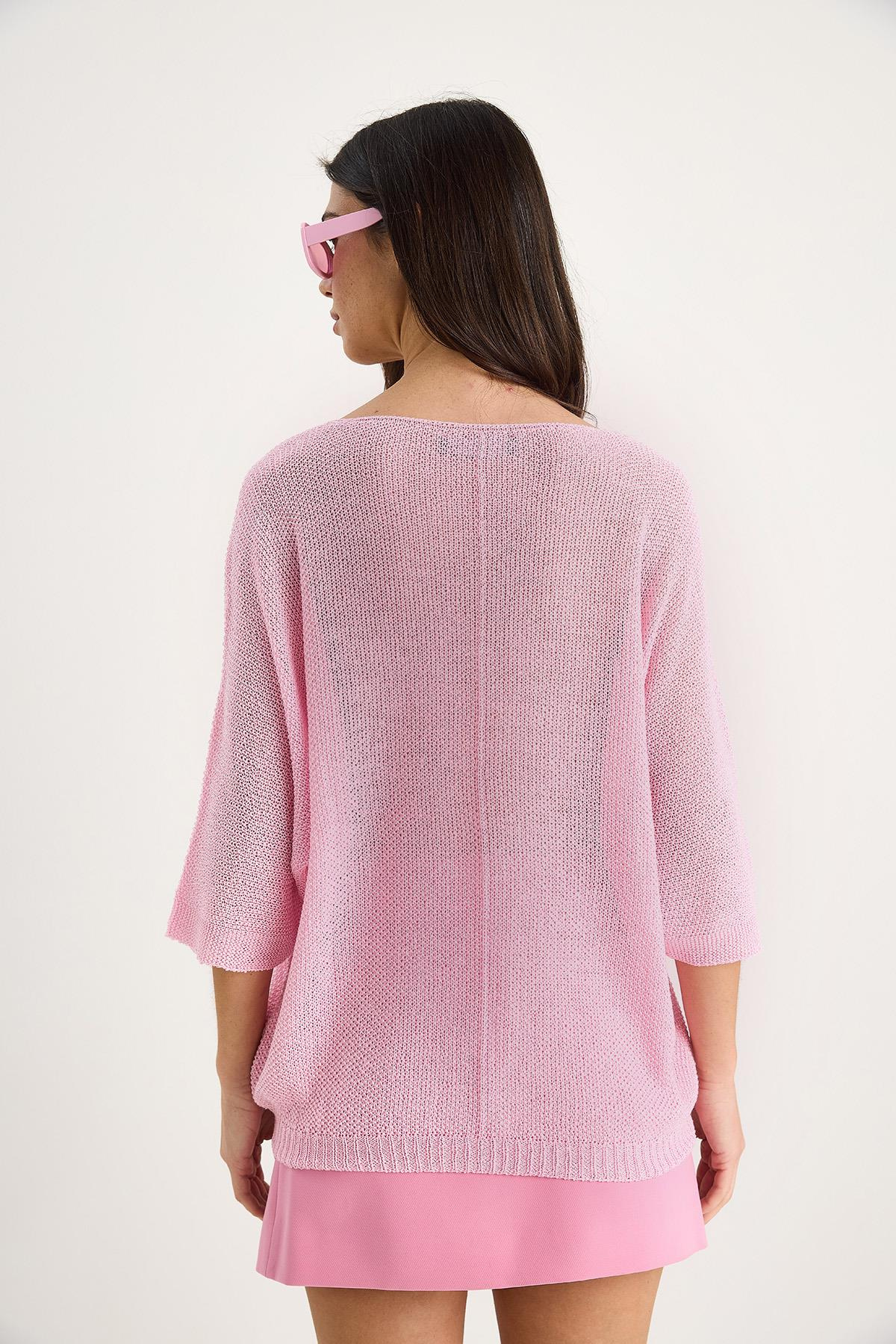 Kadın V Yaka Selanik Örgü Oversize Triko Bluz TY251045 60283338 - Şeker Pembe