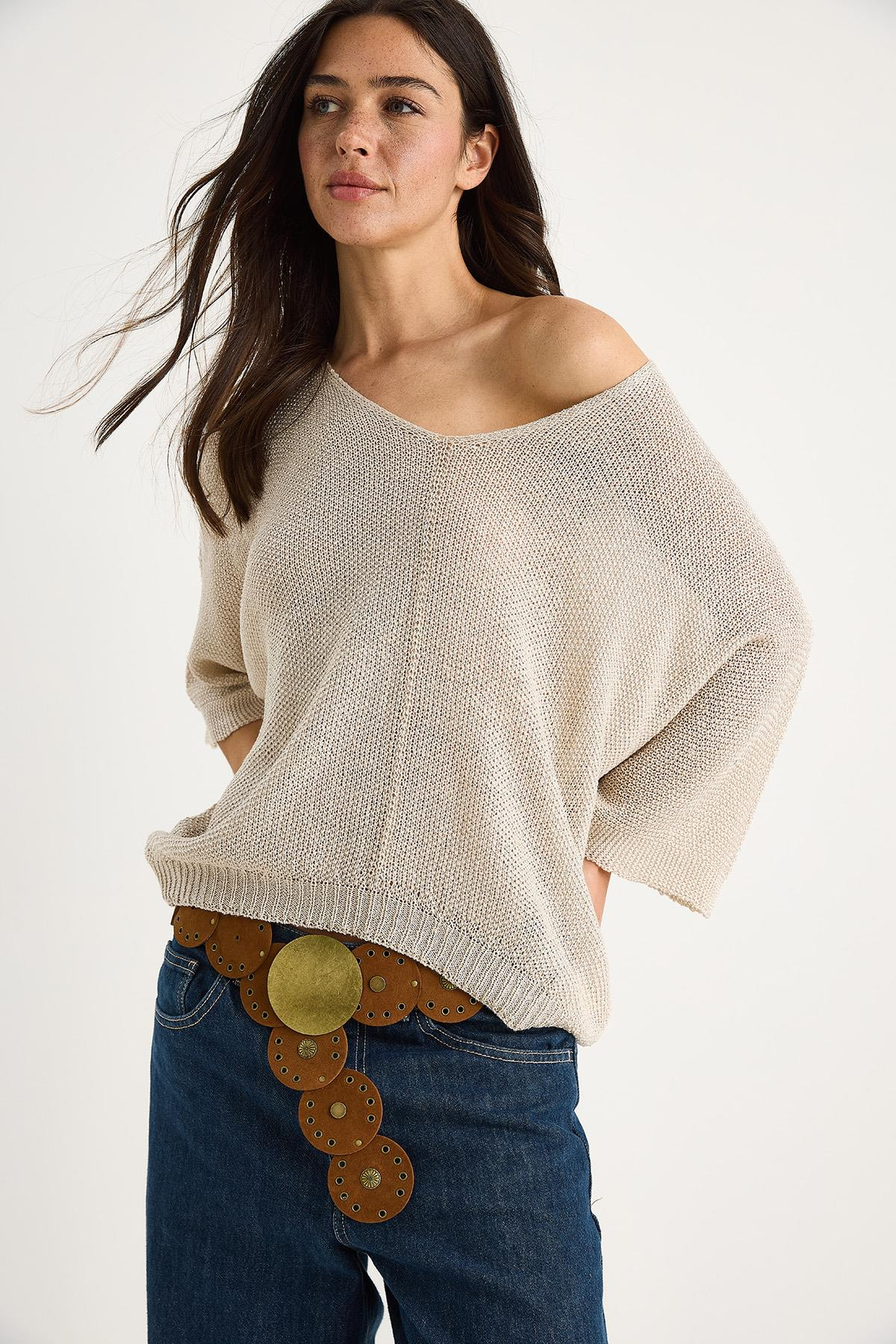 Kadın V Yaka Selanik Örgü Oversize Triko Bluz TY251045 60283338 - Bej