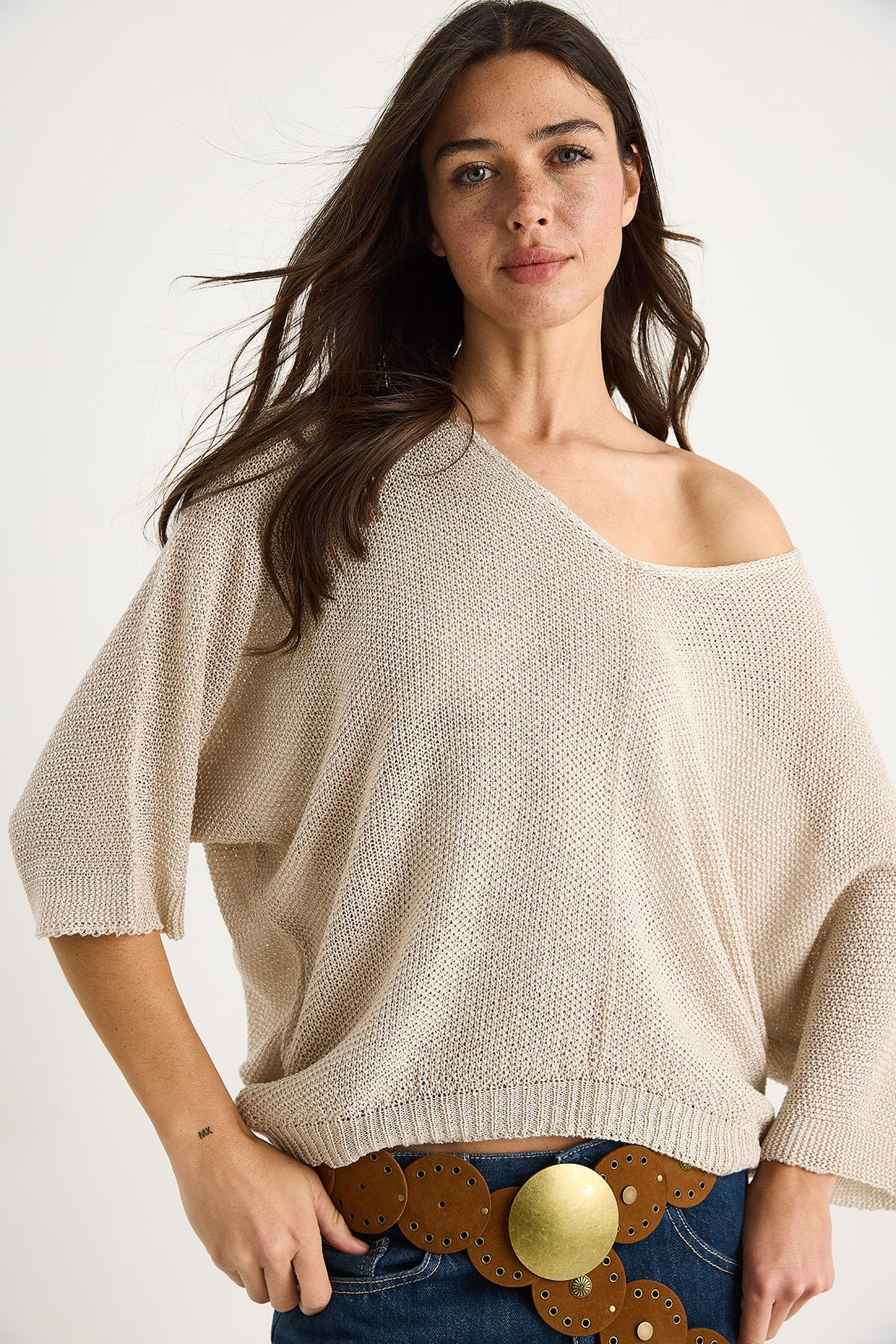 Kadın V Yaka Selanik Örgü Oversize Triko Bluz TY251045 60283338 - Bej