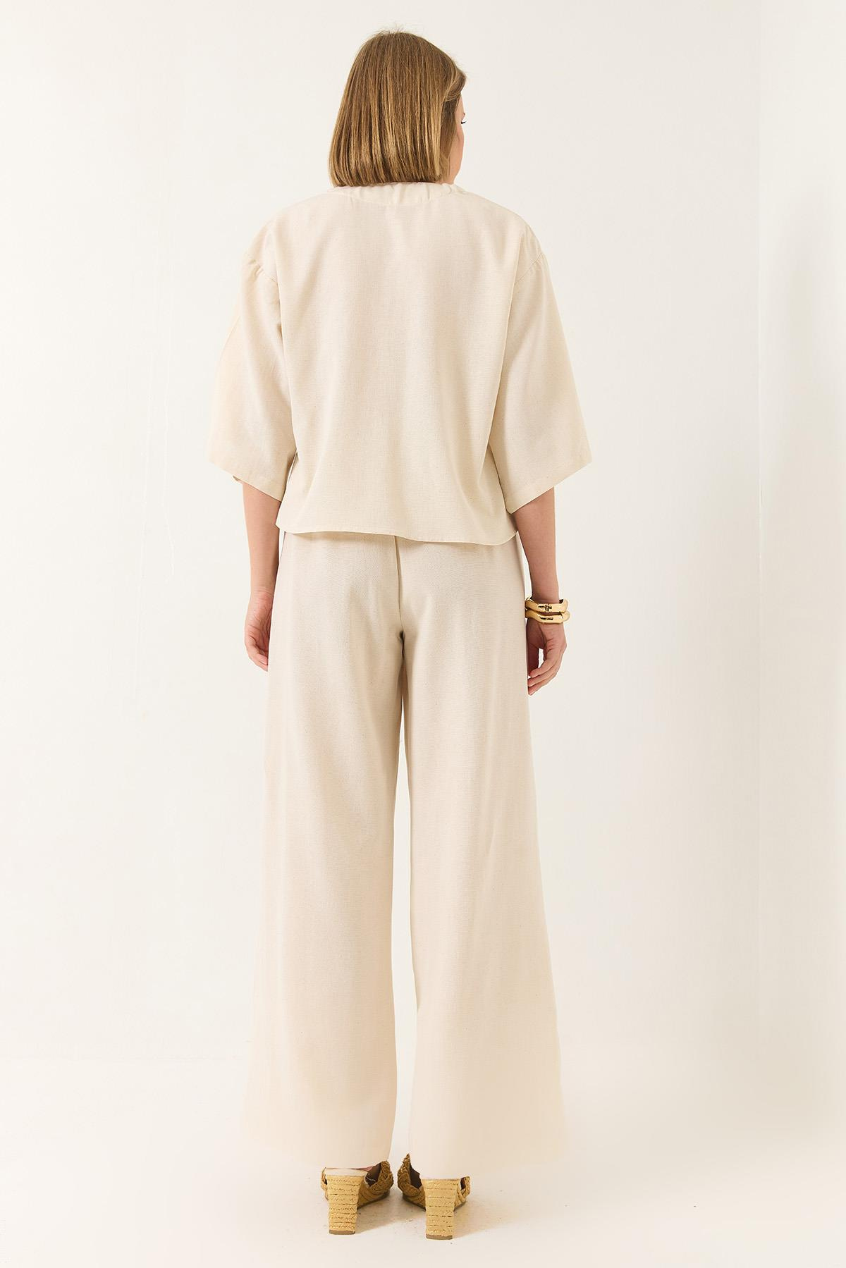Kadın V Yaka Yarasa Kol Keten Kimono Palazzo Pantolonlu Alt-Üst Takım 9295 60281019 - Bej