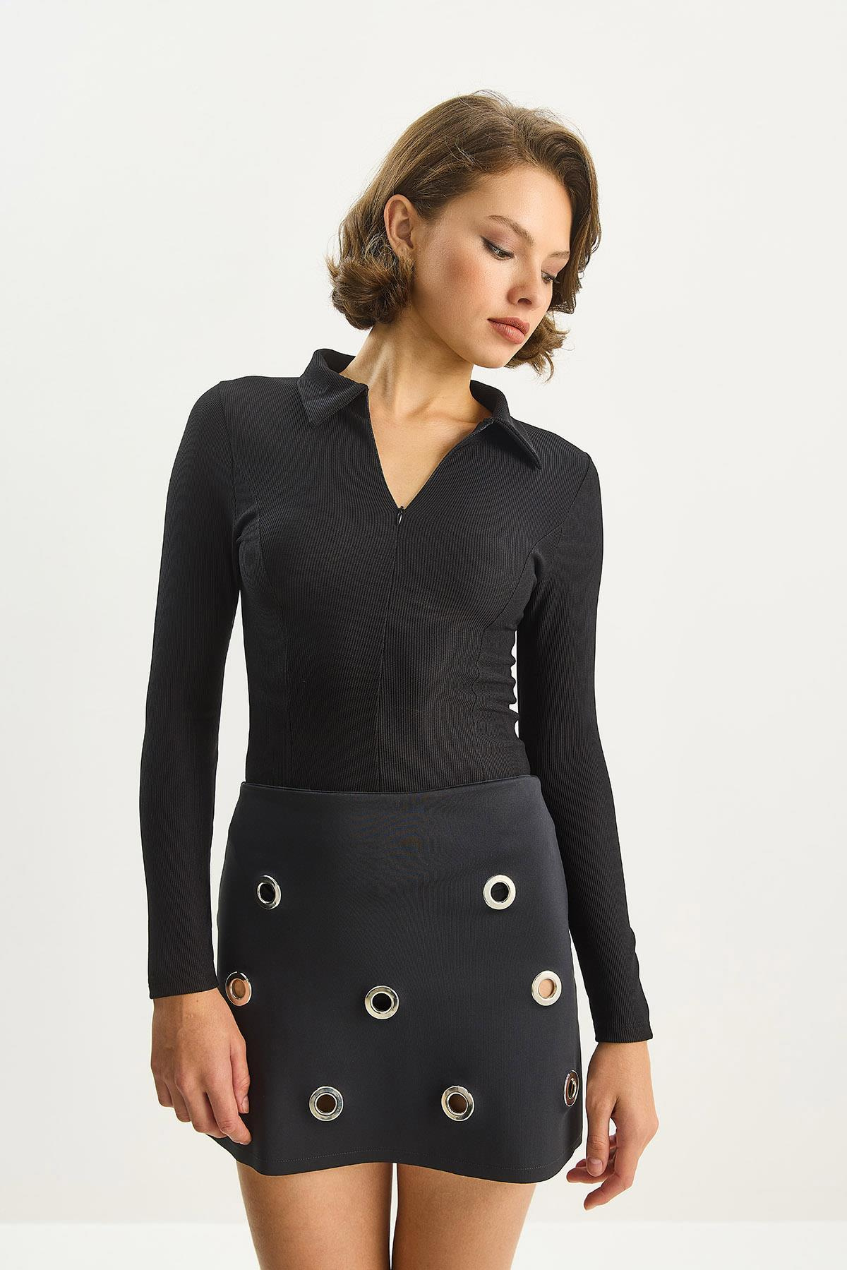 Kadın Vücudu Saran Yarım Fermuarlı Fitilli Likralı Polo Yaka Basic Bluz 8073 60283602 - Siyah BLUZ modelleri
